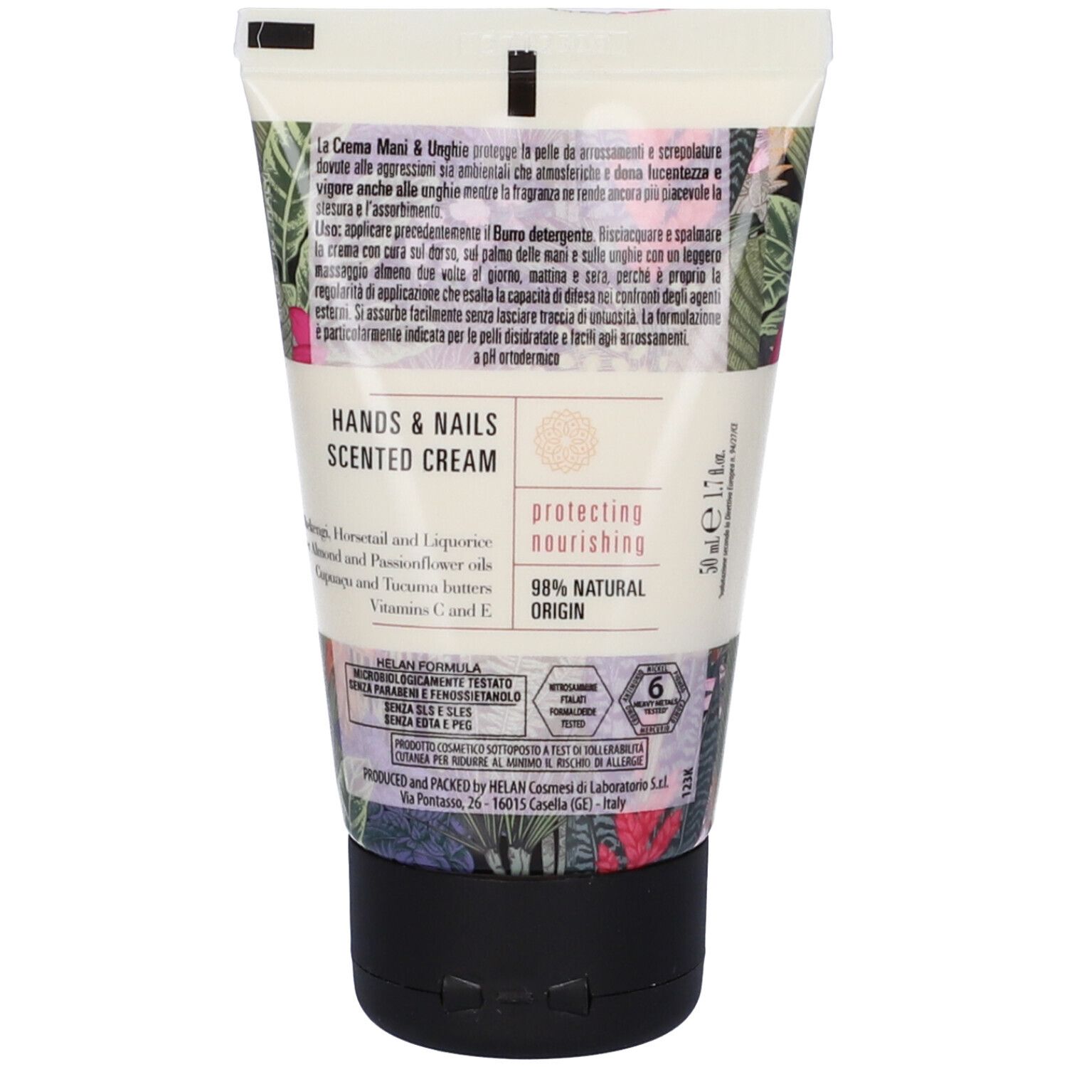 Retro del tubo crema. Testo: Hands & Nails Scented Cream, 98% origine naturale. Ingredienti. Informazioni produttore.