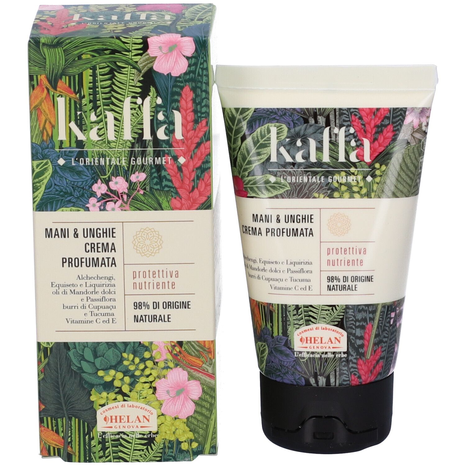Tubo e scatola crema. Design floreale. Scritto: Kaffa, Mani & Unghie, Crema Profumata, 98% naturale.