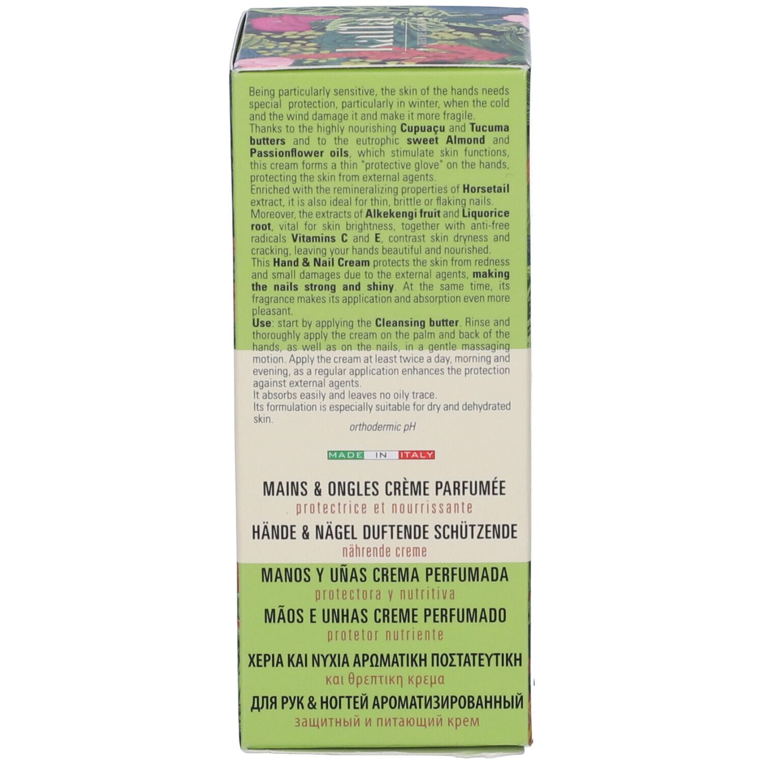 Retro della scatola. Testo: Hands & Nails Scented Cream, ingredienti, informazioni produttore, pH.