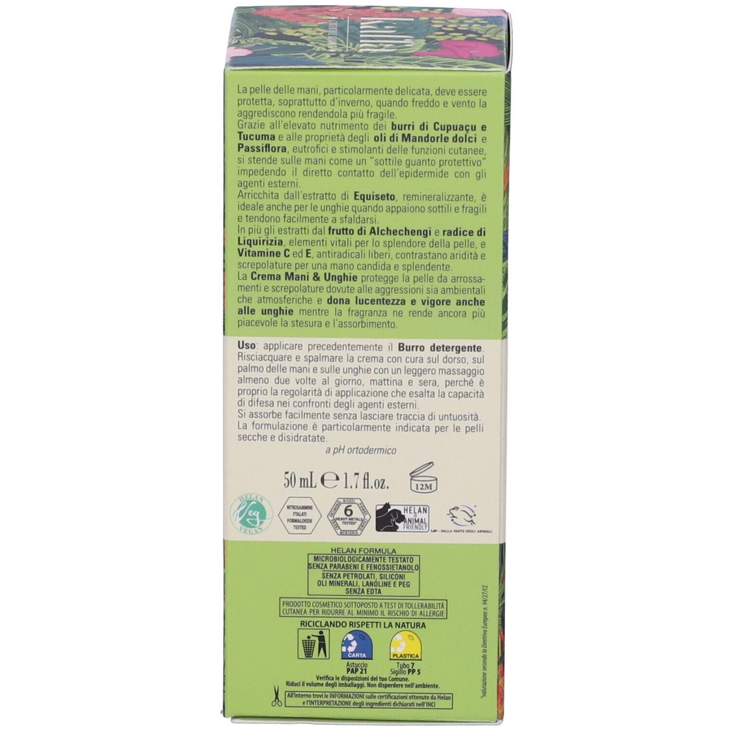 Retro della scatola. Testo: Istruzioni per l'uso, ingredienti, informazioni produttore, 50 ml.