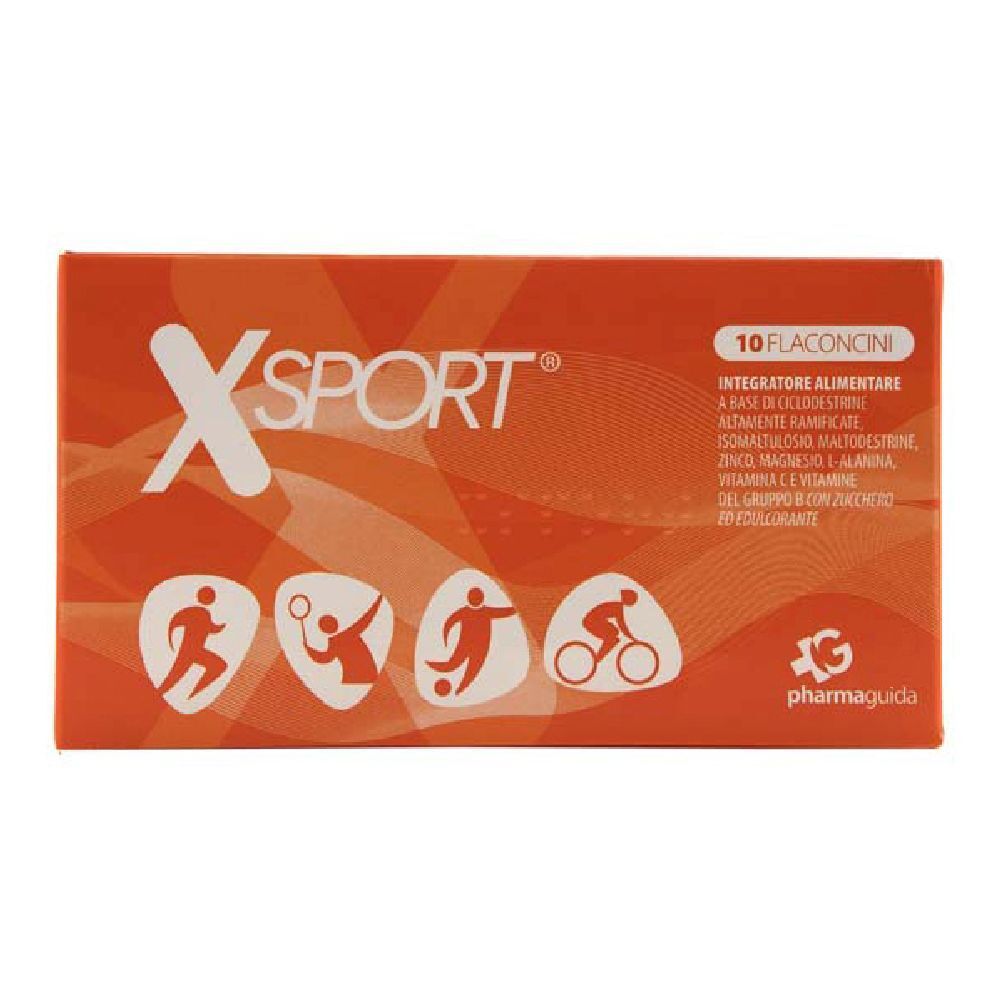Scatola arancione con logo "XSPORT" bianco e indicazione 10 flaconcini. Pittogrammi sportivi in basso.