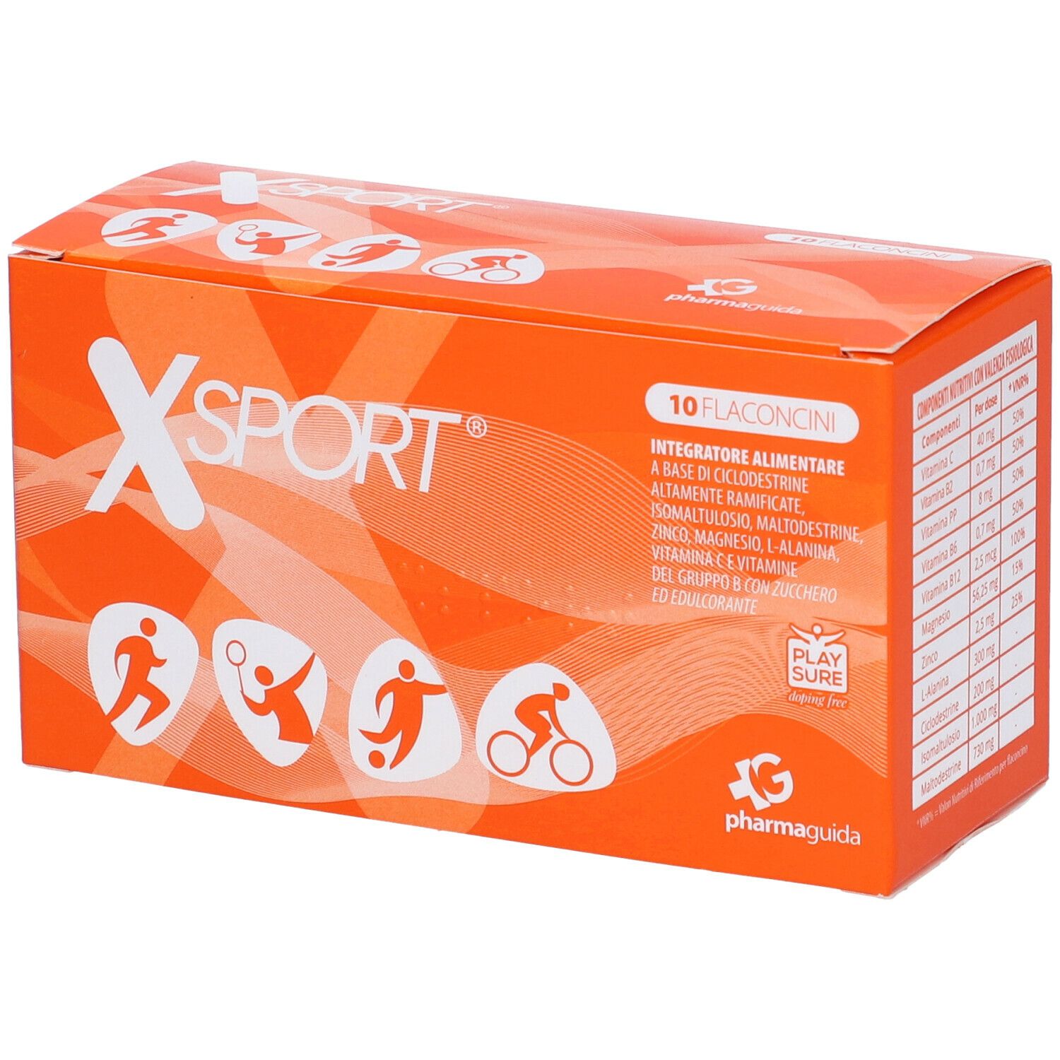 Scatola arancione con logo "XSPORT" bianco e indicazione 10 flaconcini. Pittogrammi sportivi in basso.