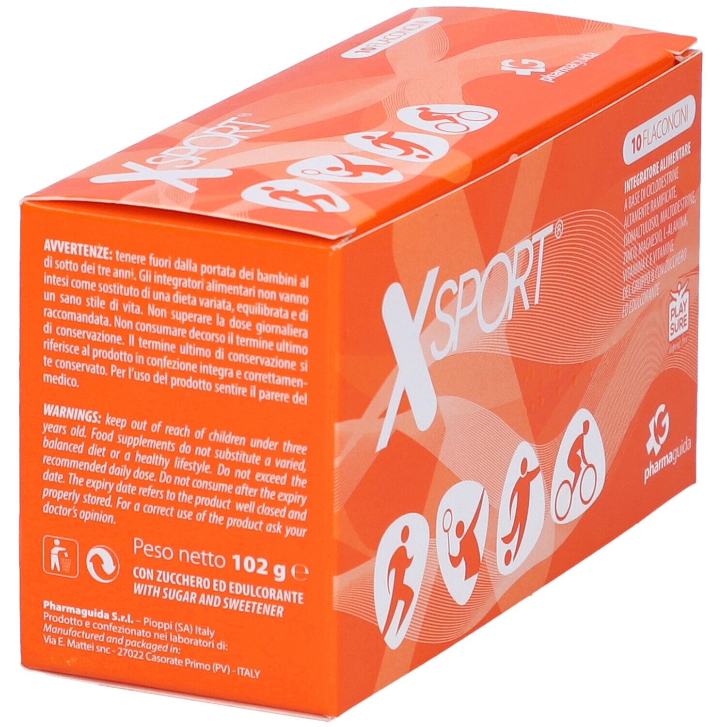 Scatola arancione, logo "XSPORT", testo e pittogrammi sportivi. Retro con testo e avvertenze.