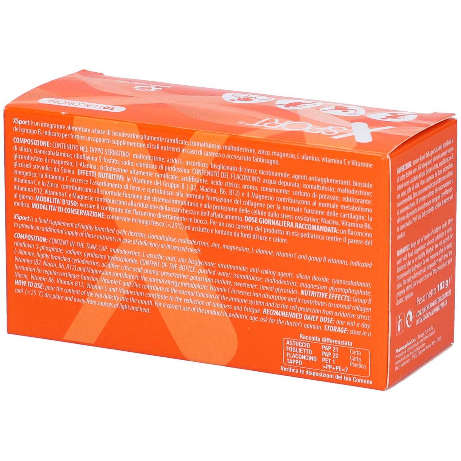 Scatola arancione, testo e informazioni nutrizionali. Retro con ingredienti, modalità d'uso e avvertenze.
