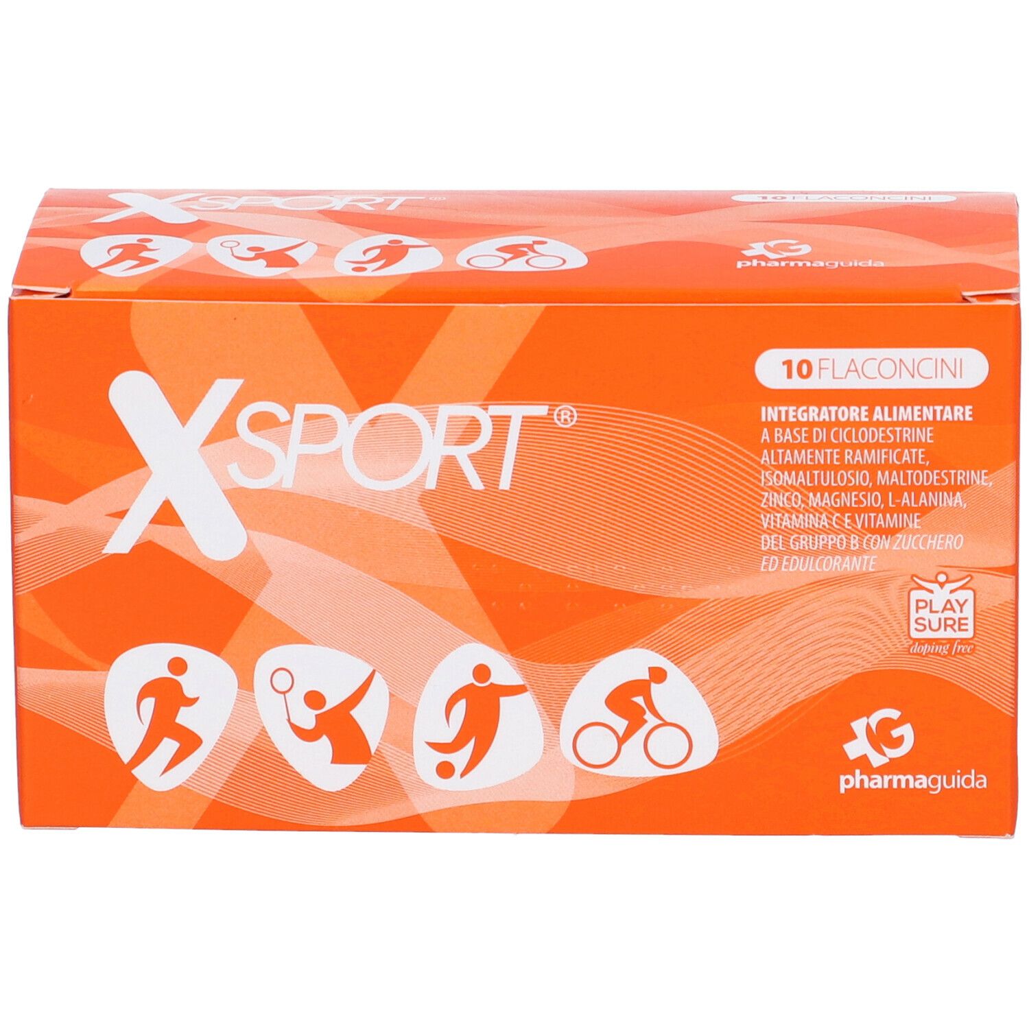 Scatola arancione con logo "XSPORT" bianco e indicazione 10 flaconcini. Pittogrammi sportivi in basso.