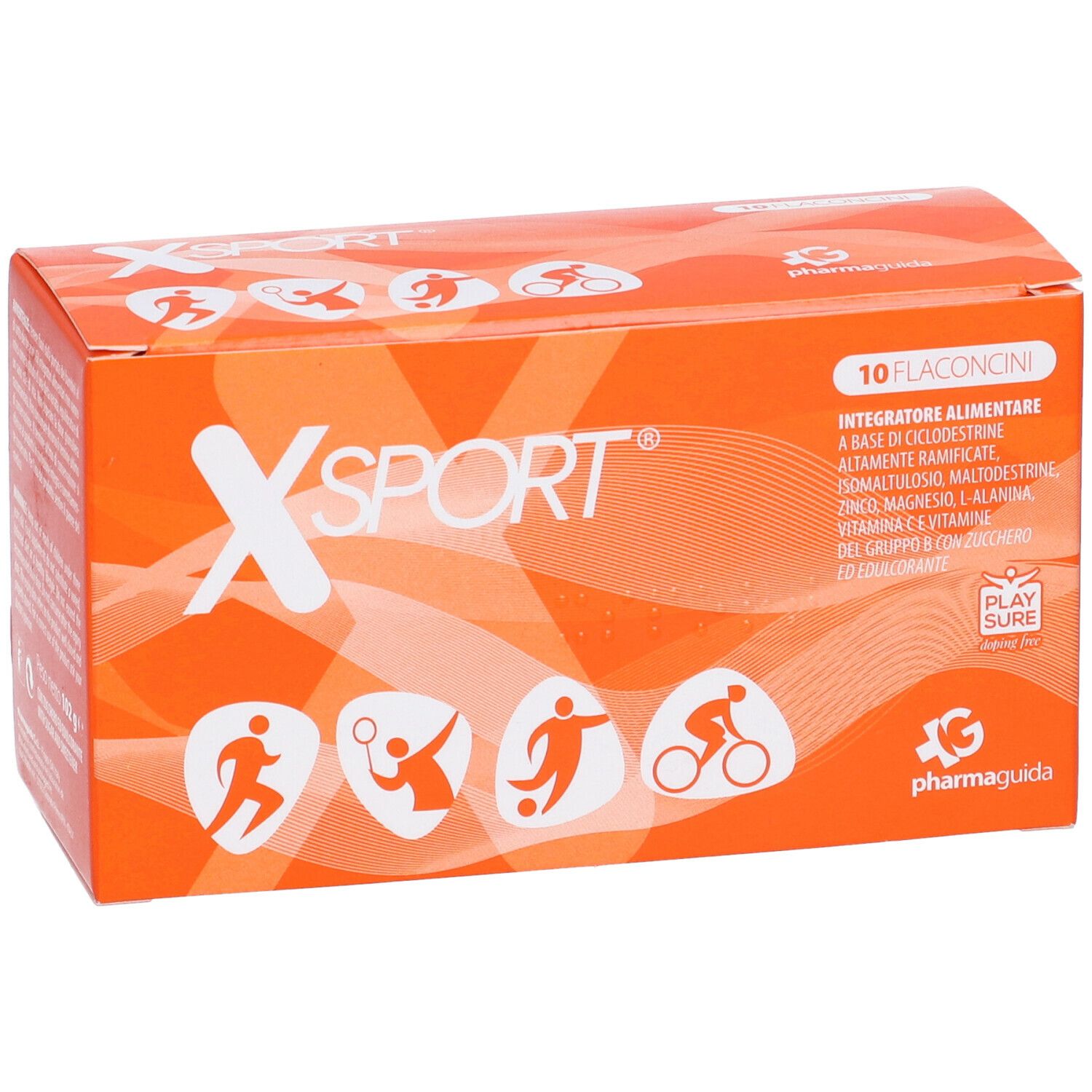 Scatola arancione con logo "XSPORT" bianco e indicazione 10 flaconcini. Pittogrammi sportivi in basso.