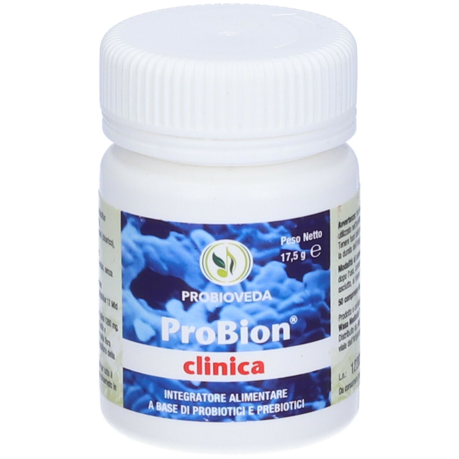 Flacone bianco con tappo a vite. Scritta: ProBion clinica. Etichetta con informazioni sul prodotto e logo.