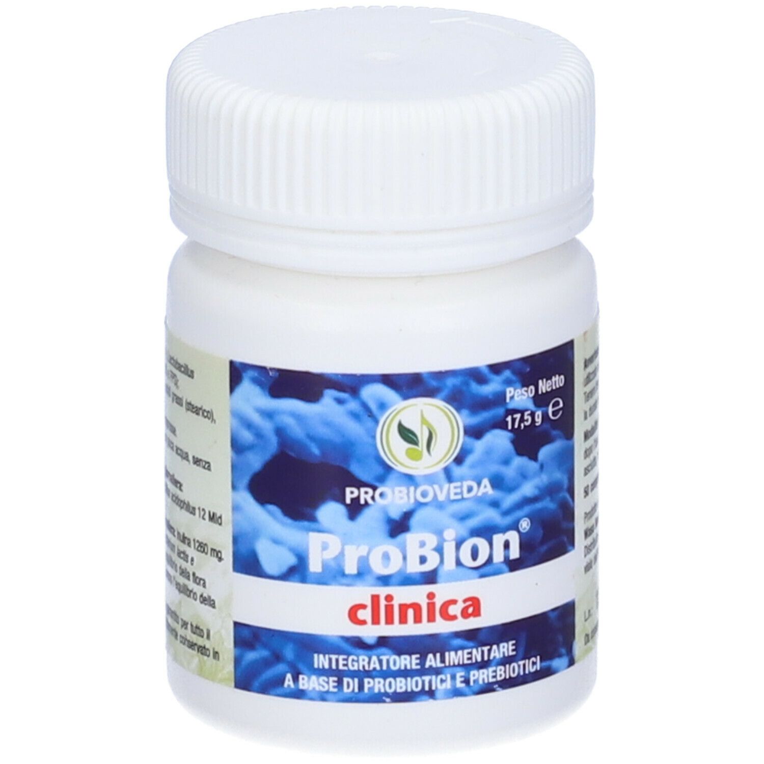 Flacone bianco con tappo a vite. Scritta: ProBion clinica. Etichetta con informazioni sul prodotto e logo.
