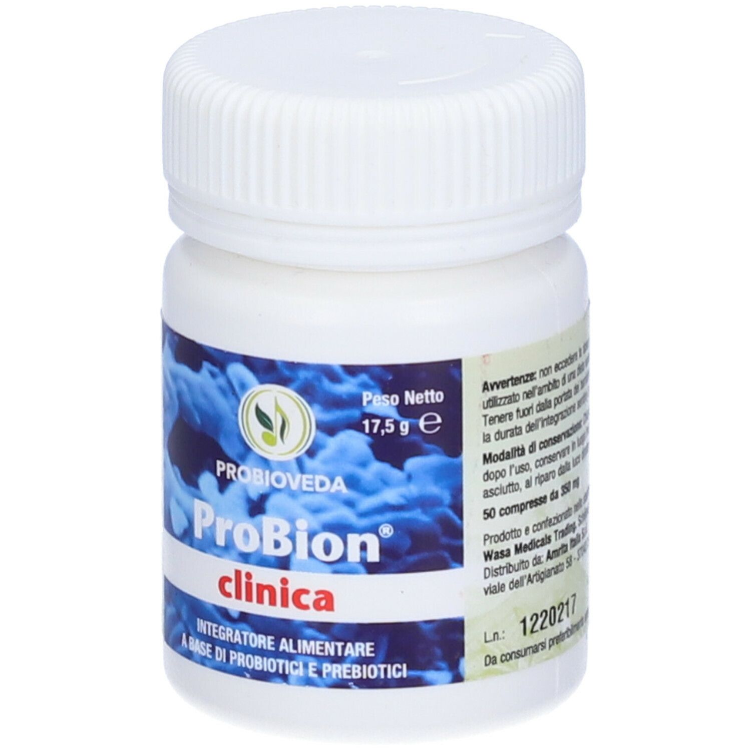 Flacone bianco con tappo a vite. Scritta: ProBion clinica. Etichetta con informazioni sul prodotto e logo.