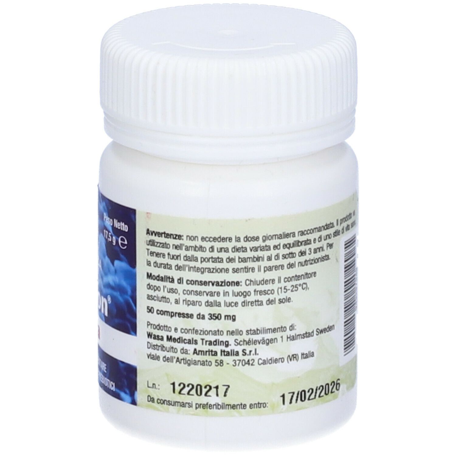 Flacone bianco con tappo a vite. Scritta: ProBion clinica. Etichetta con informazioni sul prodotto e logo.