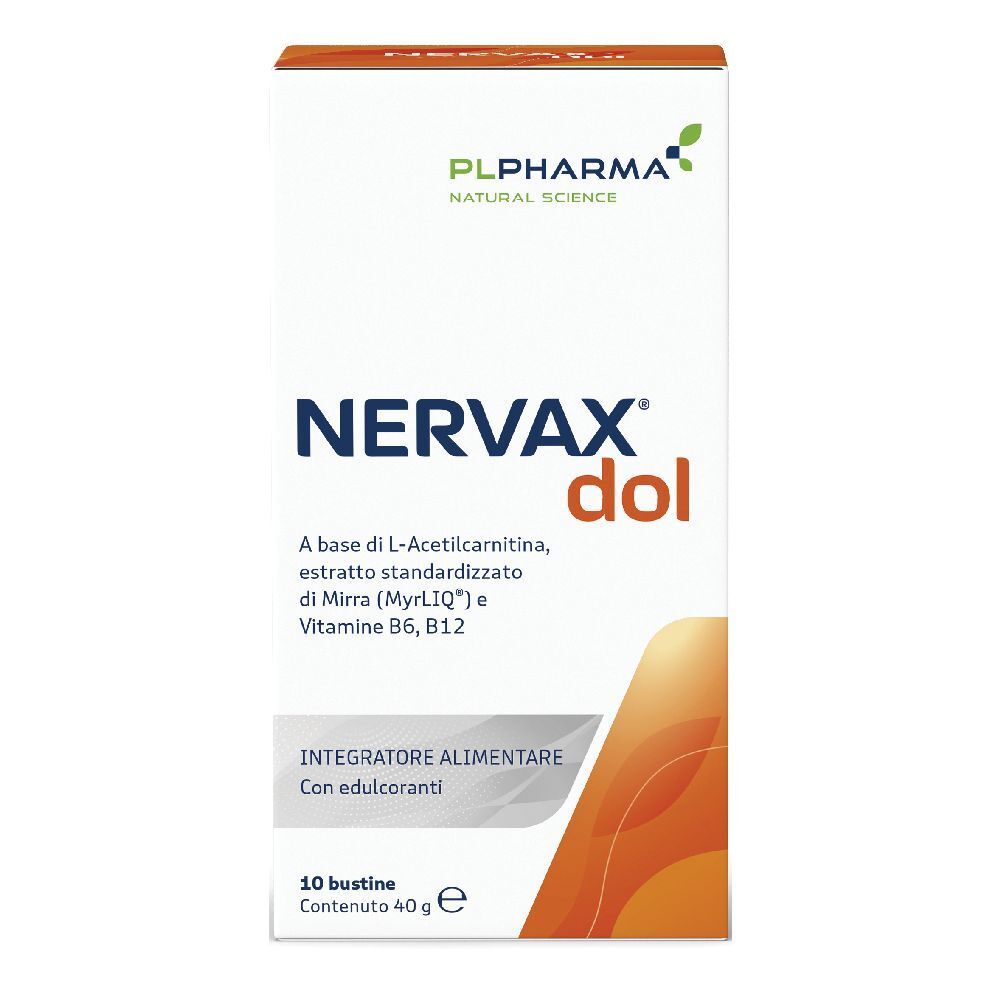 Confezione di Nervax Dol. Contiene 10 bustine. Scritta: Integratore Alimentare. Con edulcoranti.