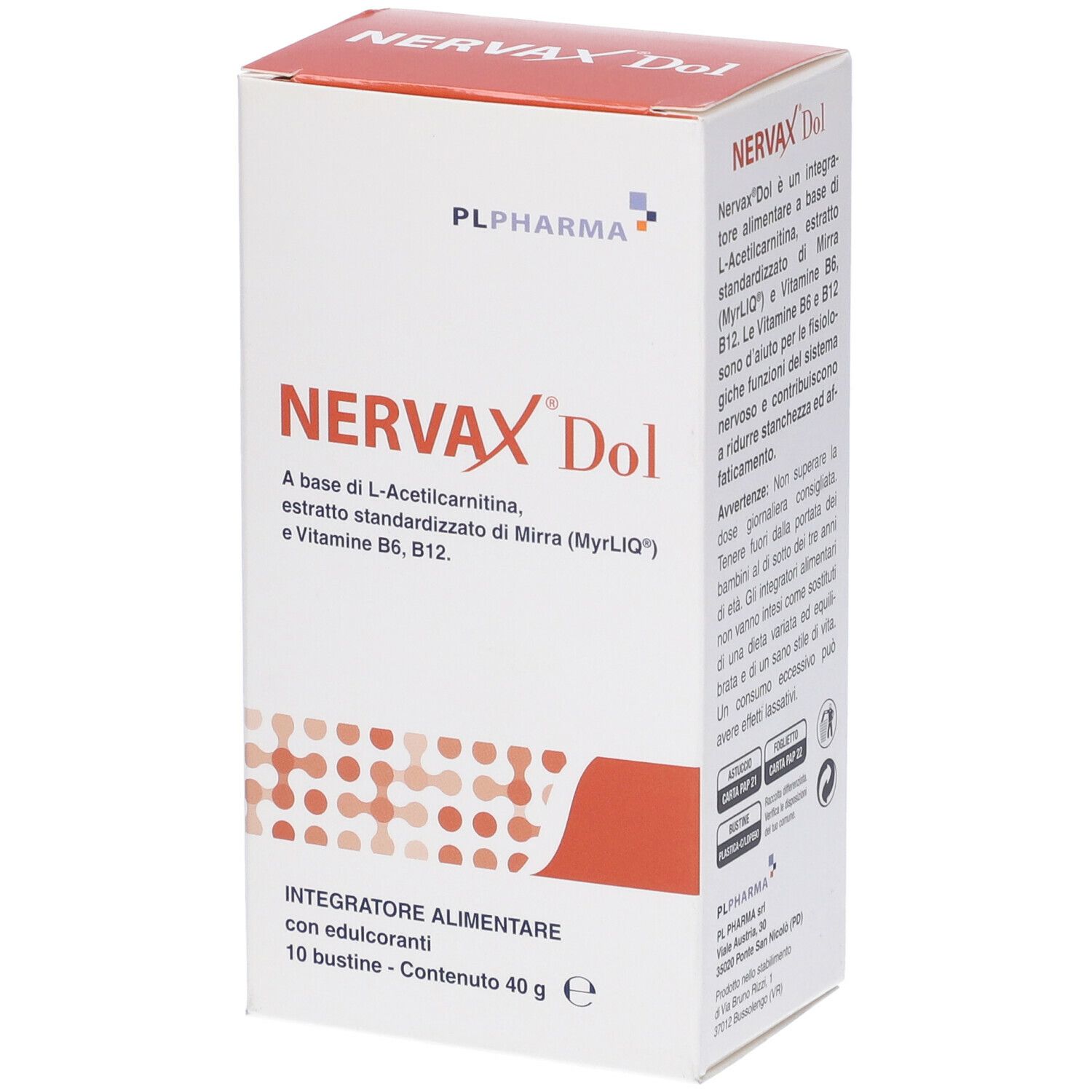 Confezione di Nervax Dol. Contiene 10 bustine. Scritta: Integratore Alimentare. Con edulcoranti. Logo PL Pharma.