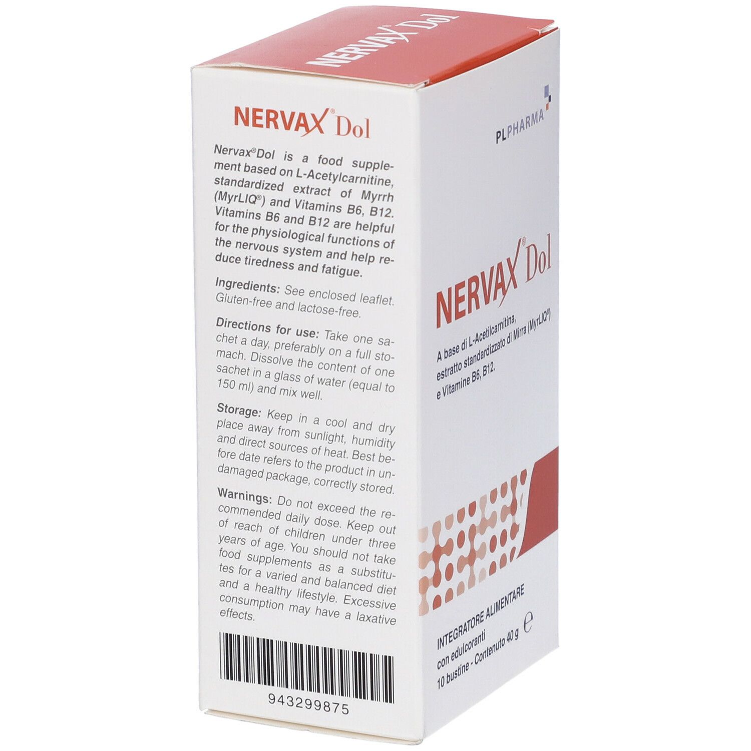 Confezione di Nervax Dol. Testo sul lato. Contiene informazioni su ingredienti, uso e conservazione.