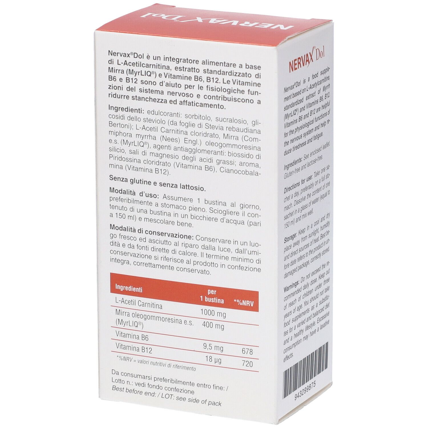 Confezione di Nervax Dol. Retro con ingredienti e informazioni nutrizionali. Contiene L-Acetil Carnitina.