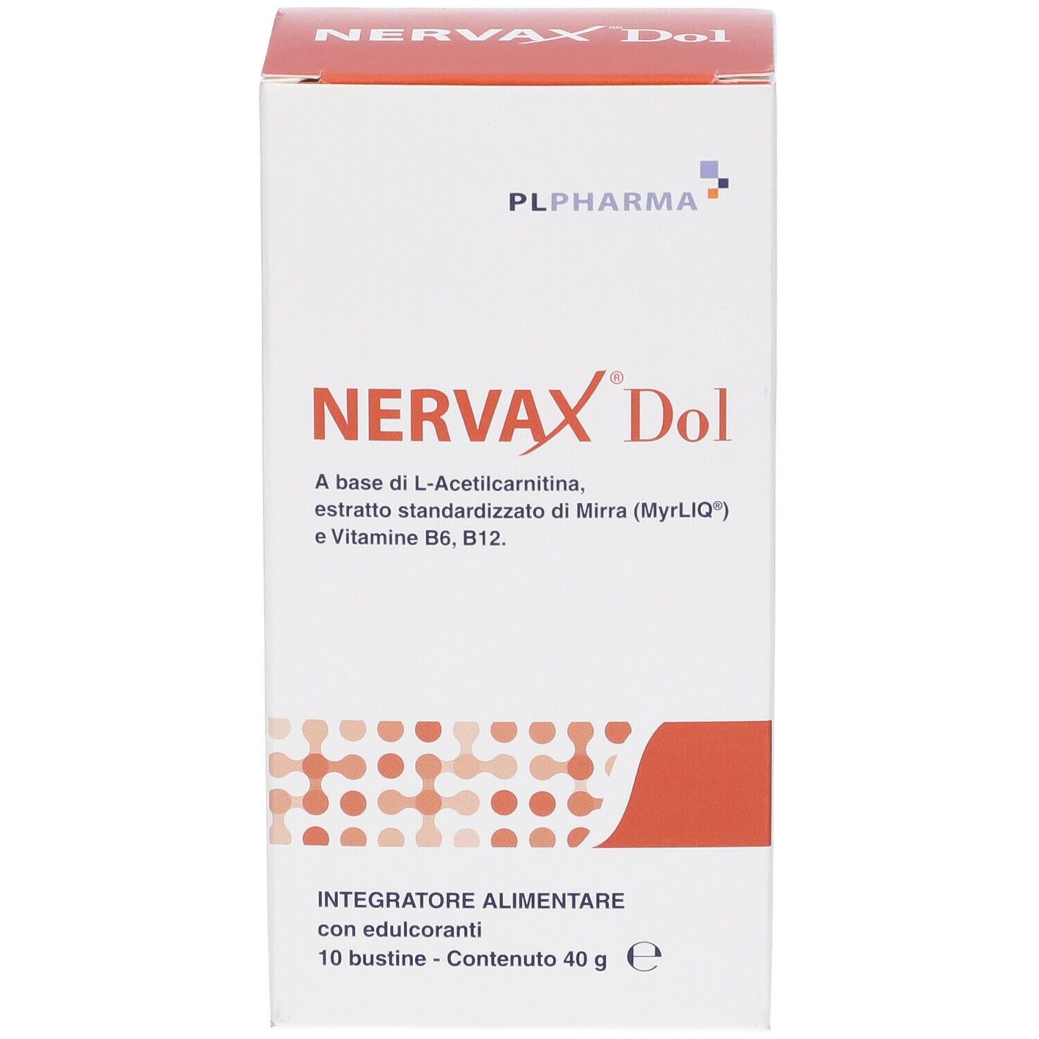Confezione di Nervax Dol. Contiene 10 bustine. Scritta: Integratore Alimentare. Con edulcoranti. Logo PL Pharma.