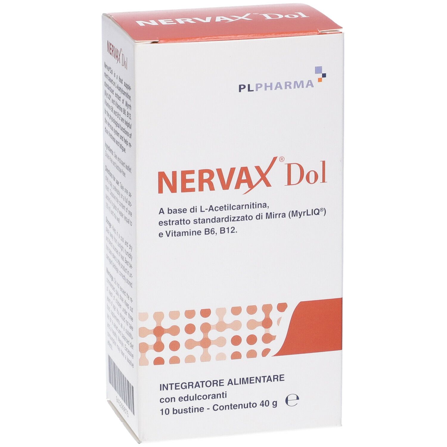 Confezione di Nervax Dol. Contiene 10 bustine. Scritta: Integratore Alimentare. Con edulcoranti. Logo PL Pharma.