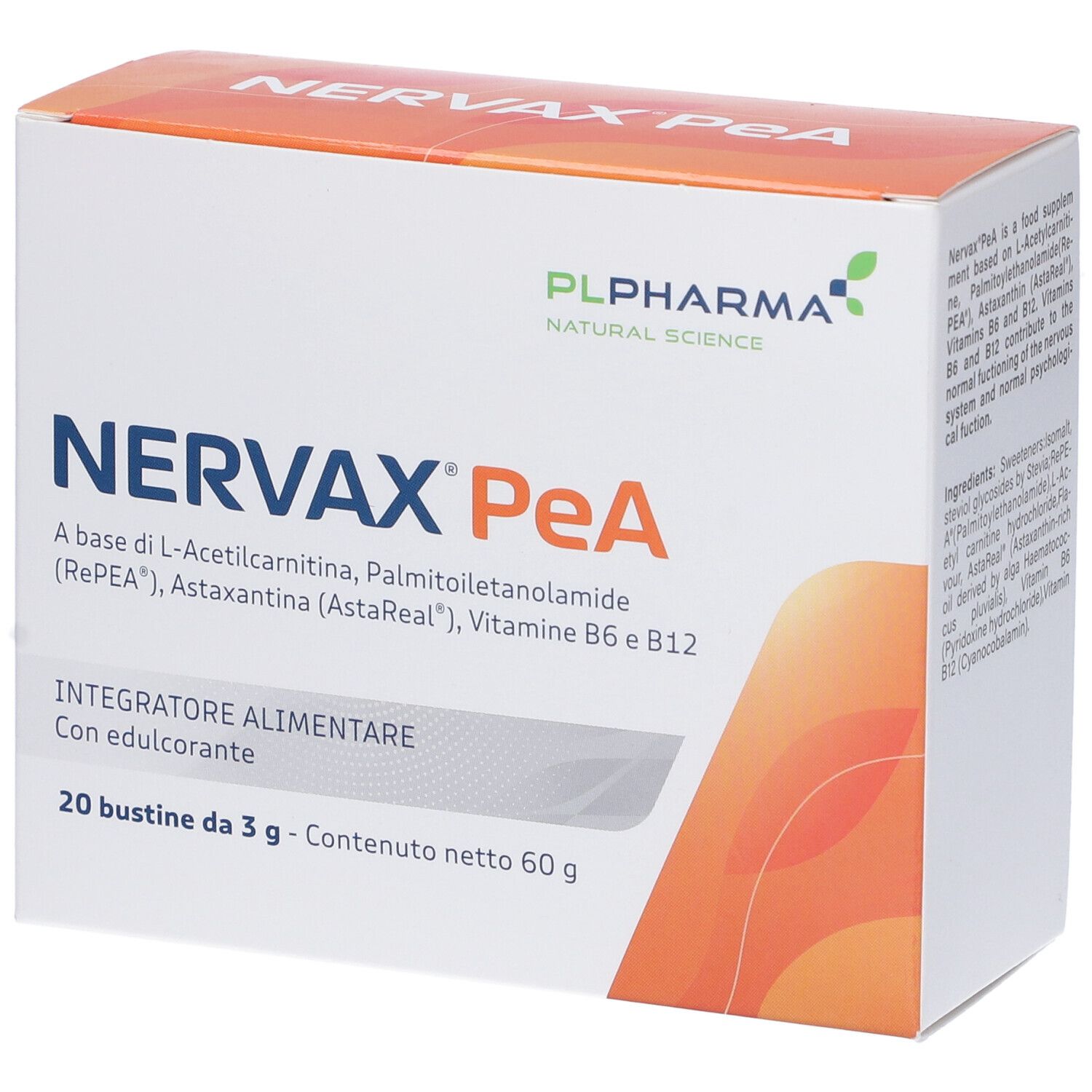 Scatola Nervax PeA con 20 bustine. Contiene L-Acetilcarnitina, Palmitoiletanolamide, Astaxantina, Vitamine B6 e B12. Marchio PL Pharma.