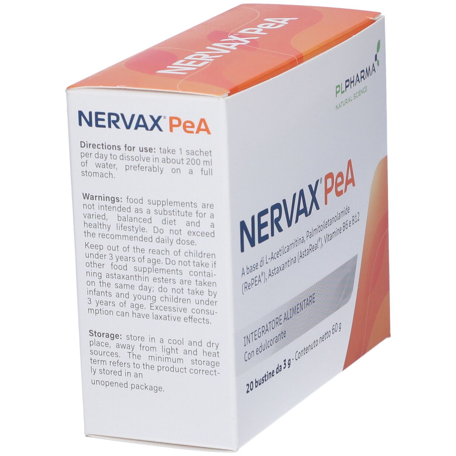 Vista angolata della confezione Nervax PeA. Testo: istruzioni per l'uso, avvertenze e consigli di conservazione. Marchio PL Pharma.