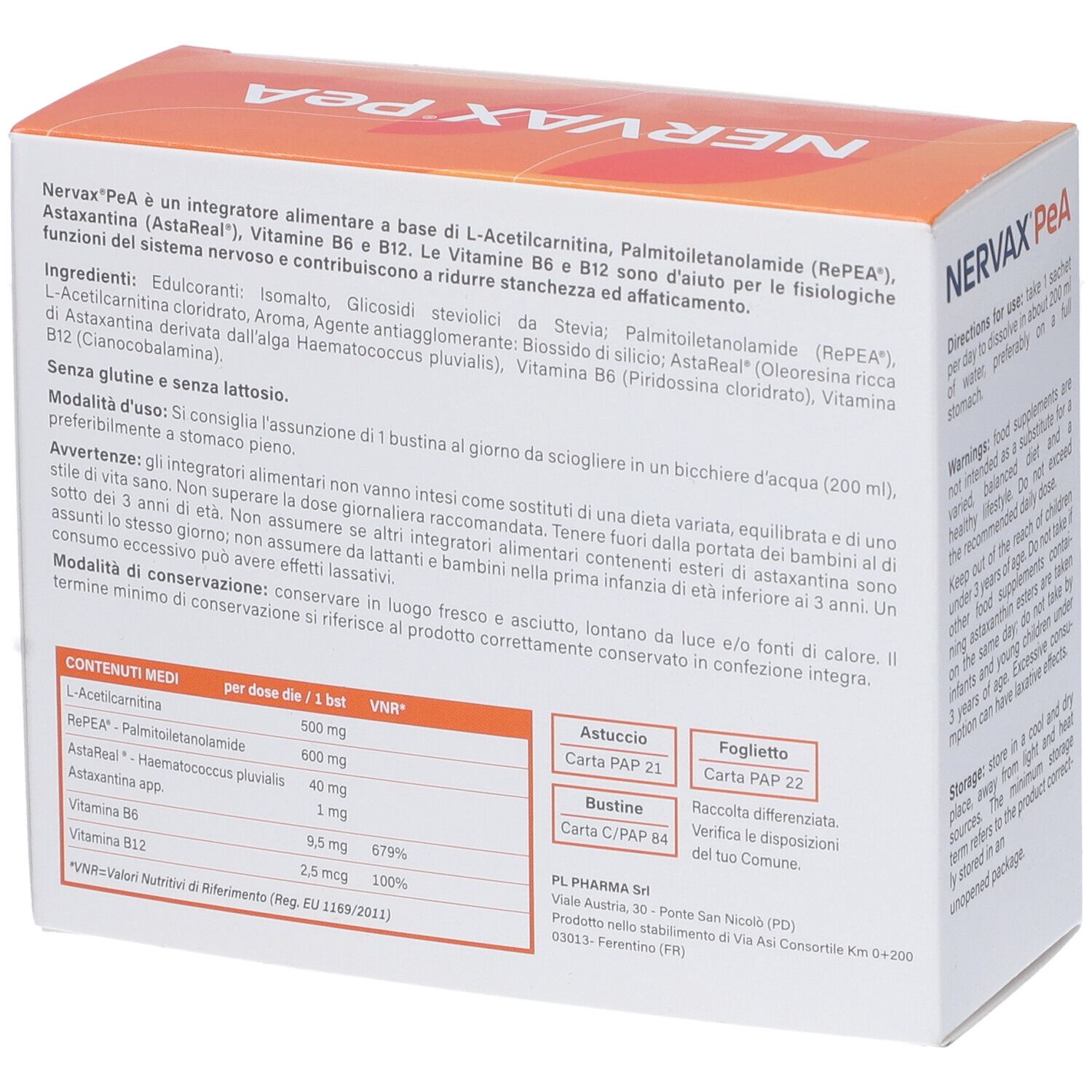 Retro della confezione Nervax PeA. Contiene informazioni sugli ingredienti e i valori nutrizionali. Marchio PL Pharma.
