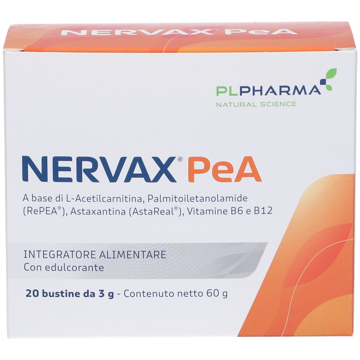 Vista frontale della confezione Nervax PeA. Contiene 20 bustine. Marchio PL Pharma.