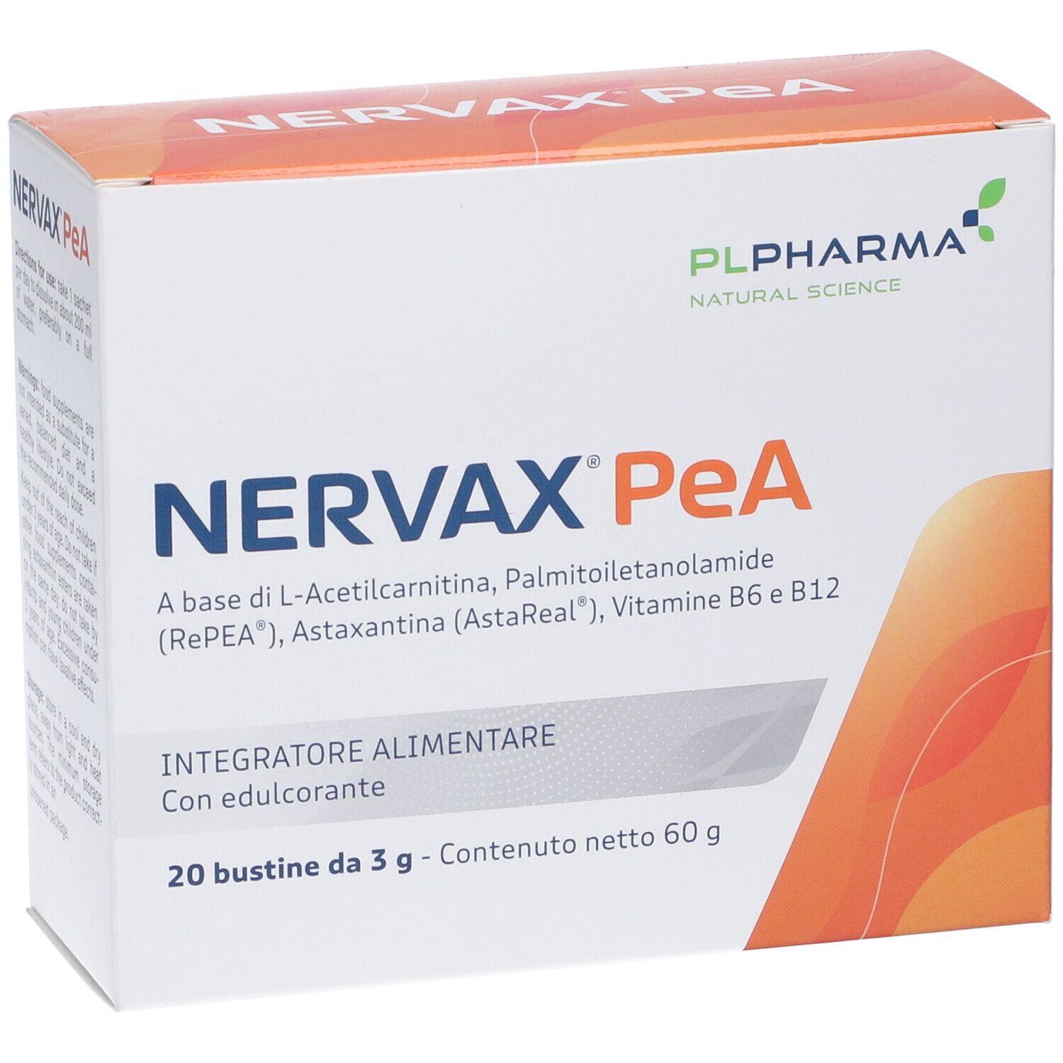 Vista frontale della confezione Nervax PeA. Contiene 20 bustine. Marchio PL Pharma.
