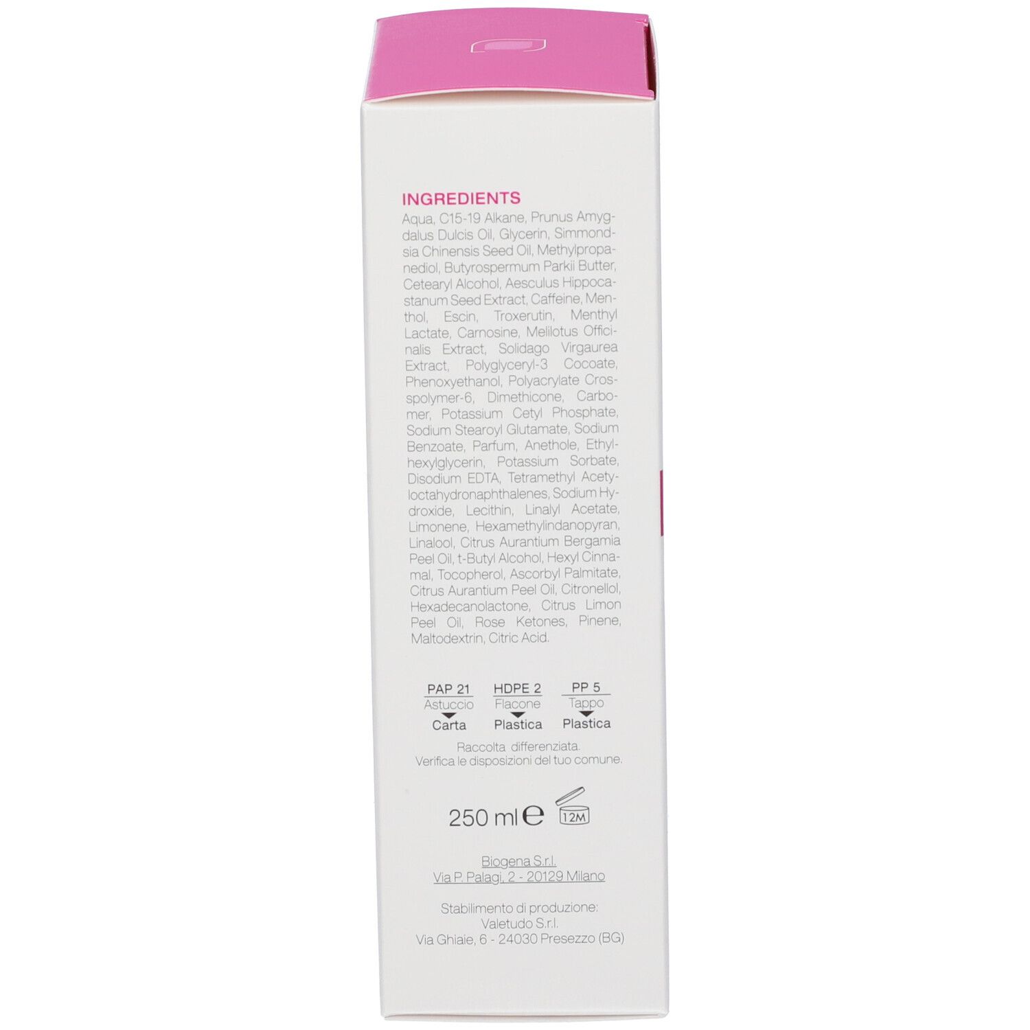 Seite des Biogena Slimgo Kartons mit Inhaltsstoffangaben und 250 ml Volumen.