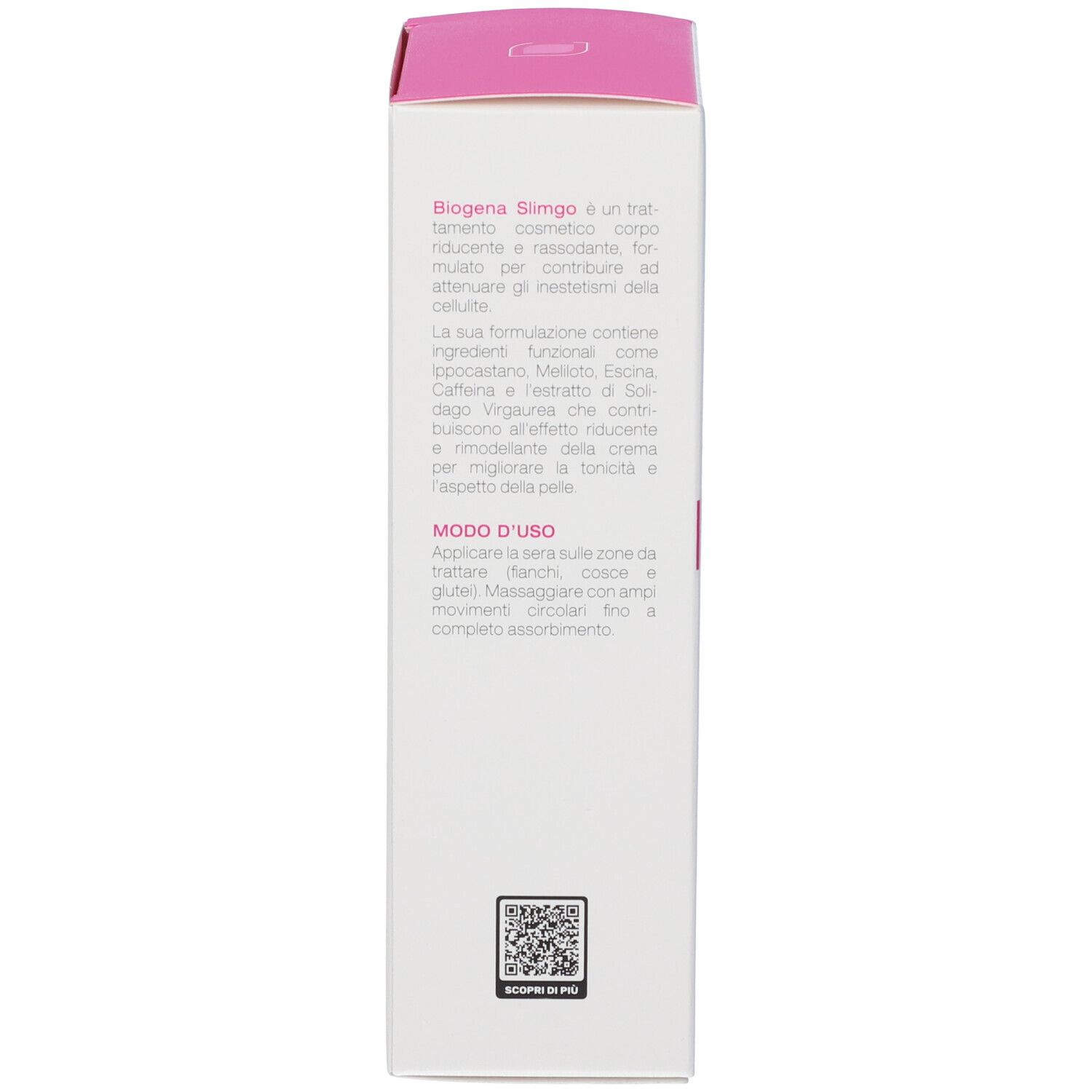 Seite des Biogena Slimgo Kartons mit Anwendungshinweisen und QR-Code.