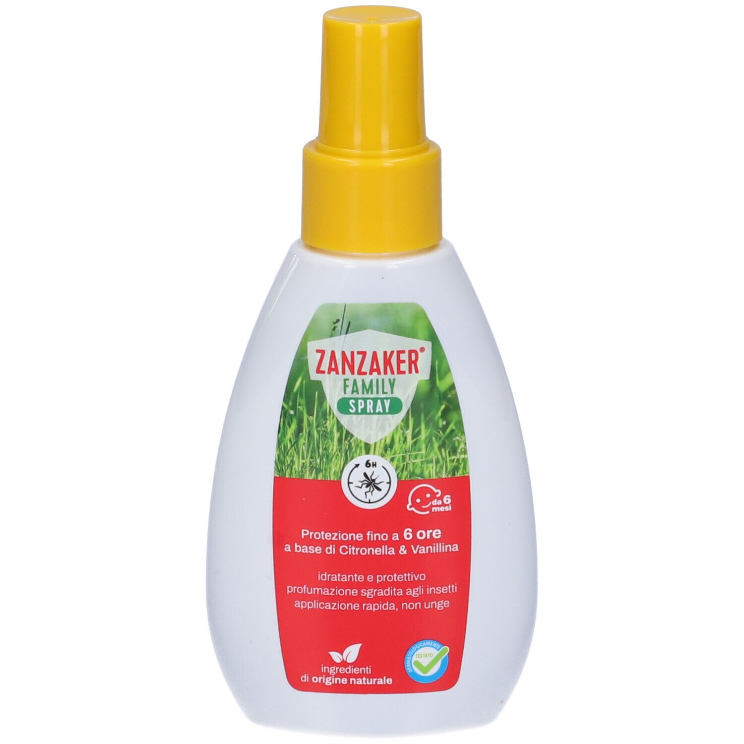Spray bianco con erogatore giallo. Scritta: ZANZAKER FAMILY SPRAY. Grafica verde e bianca con insetti.