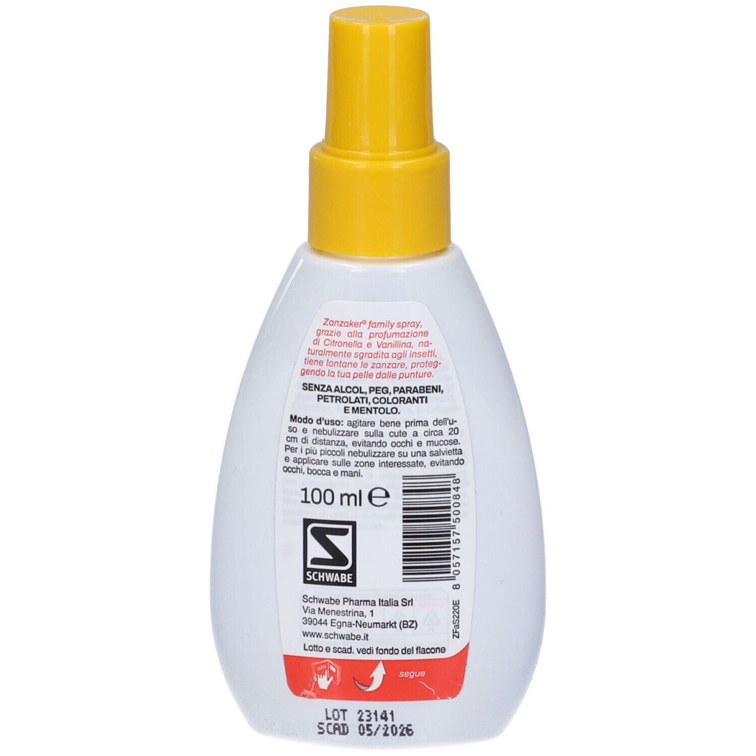 Retro di un flacone spray bianco con erogatore giallo. Testo e loghi.