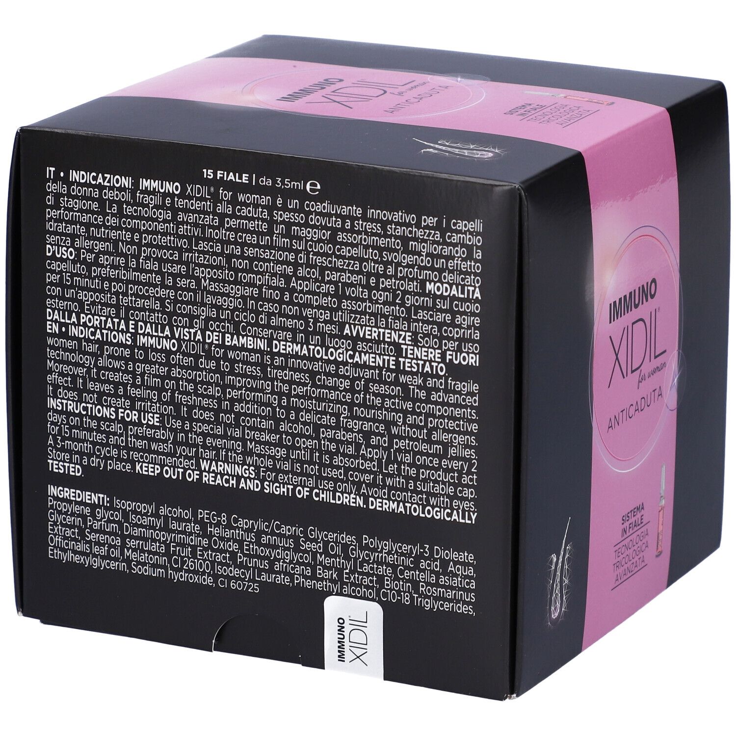Scatola nera con fascia rosa. Scritta: IMMUNO XIDIL for woman ANTICADUTA. Testo e una fiala.