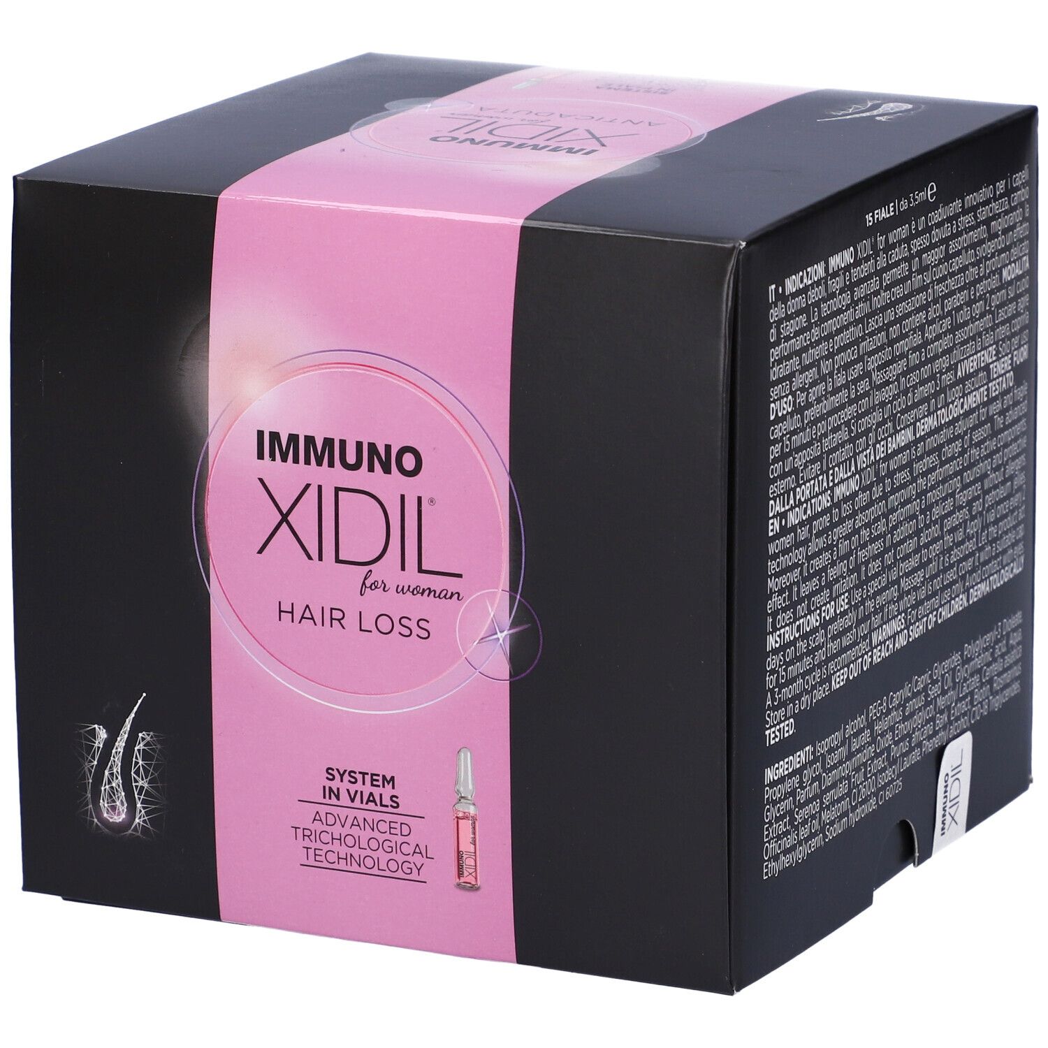 Scatola nera con fascia rosa. Scritta: IMMUNO XIDIL for woman HAIR LOSS. Testo e una fiala.