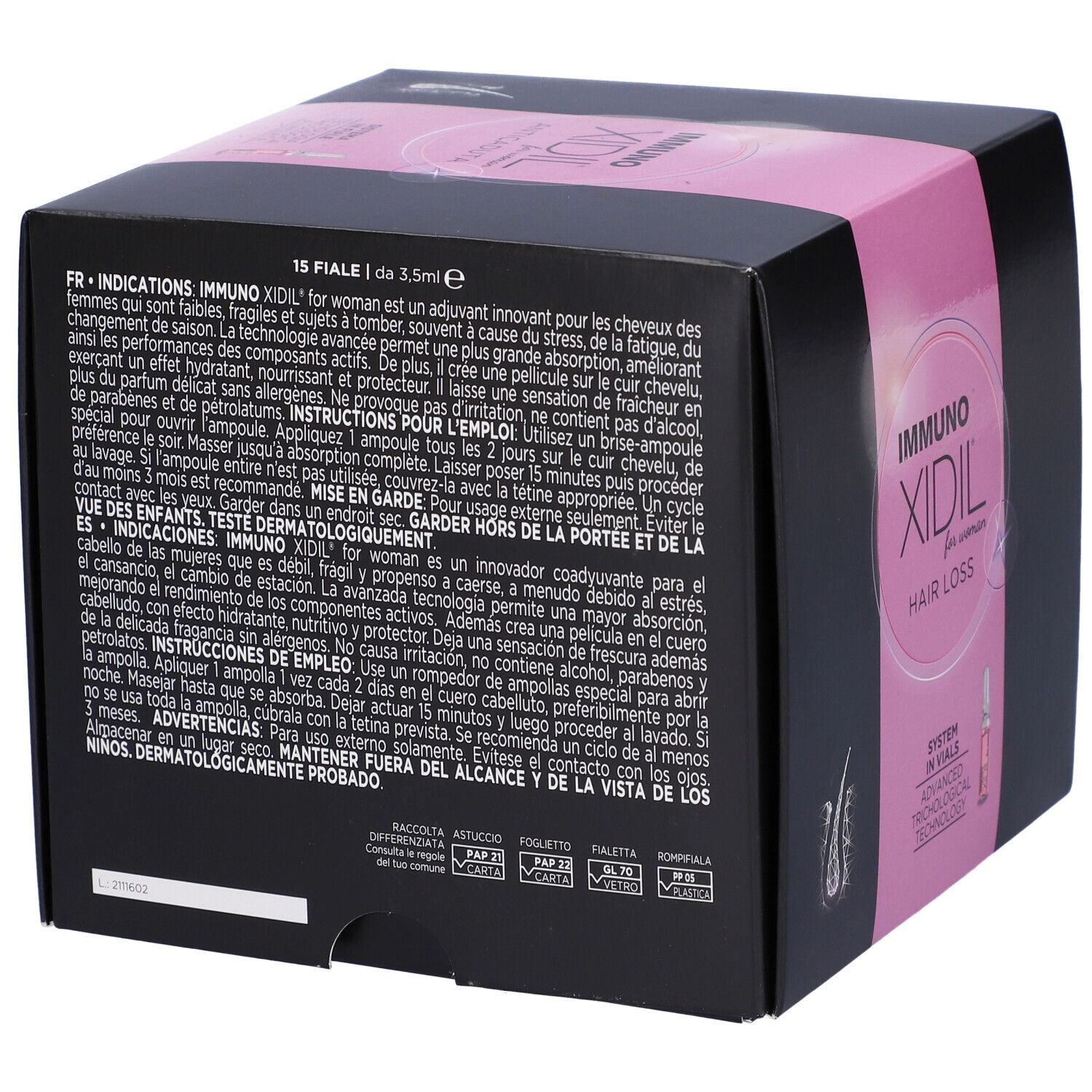 Scatola nera con fascia rosa. Scritta: IMMUNO XIDIL for woman HAIR LOSS. Testo e una fiala.