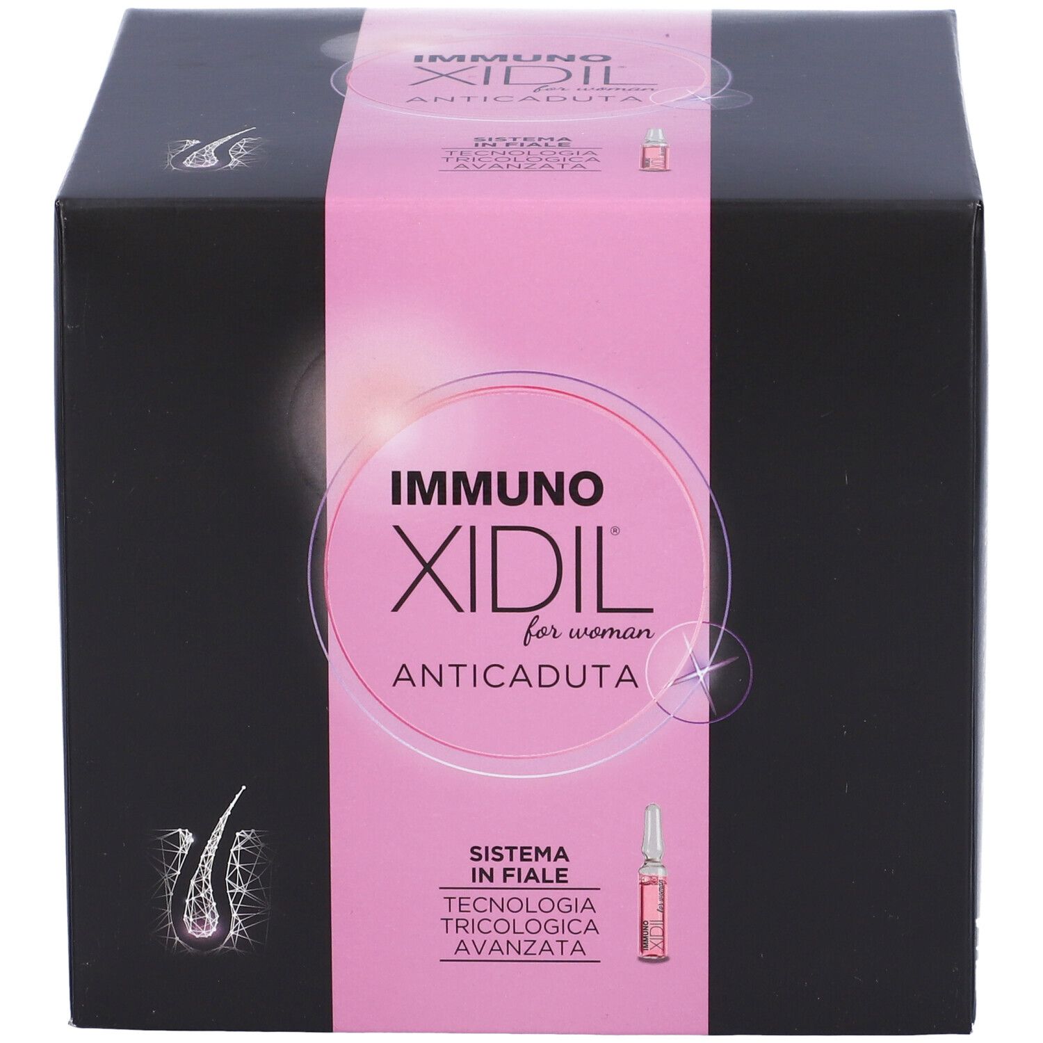 Scatola nera con fascia rosa. Scritta: IMMUNO XIDIL for woman ANTICADUTA. Testo e una fiala.