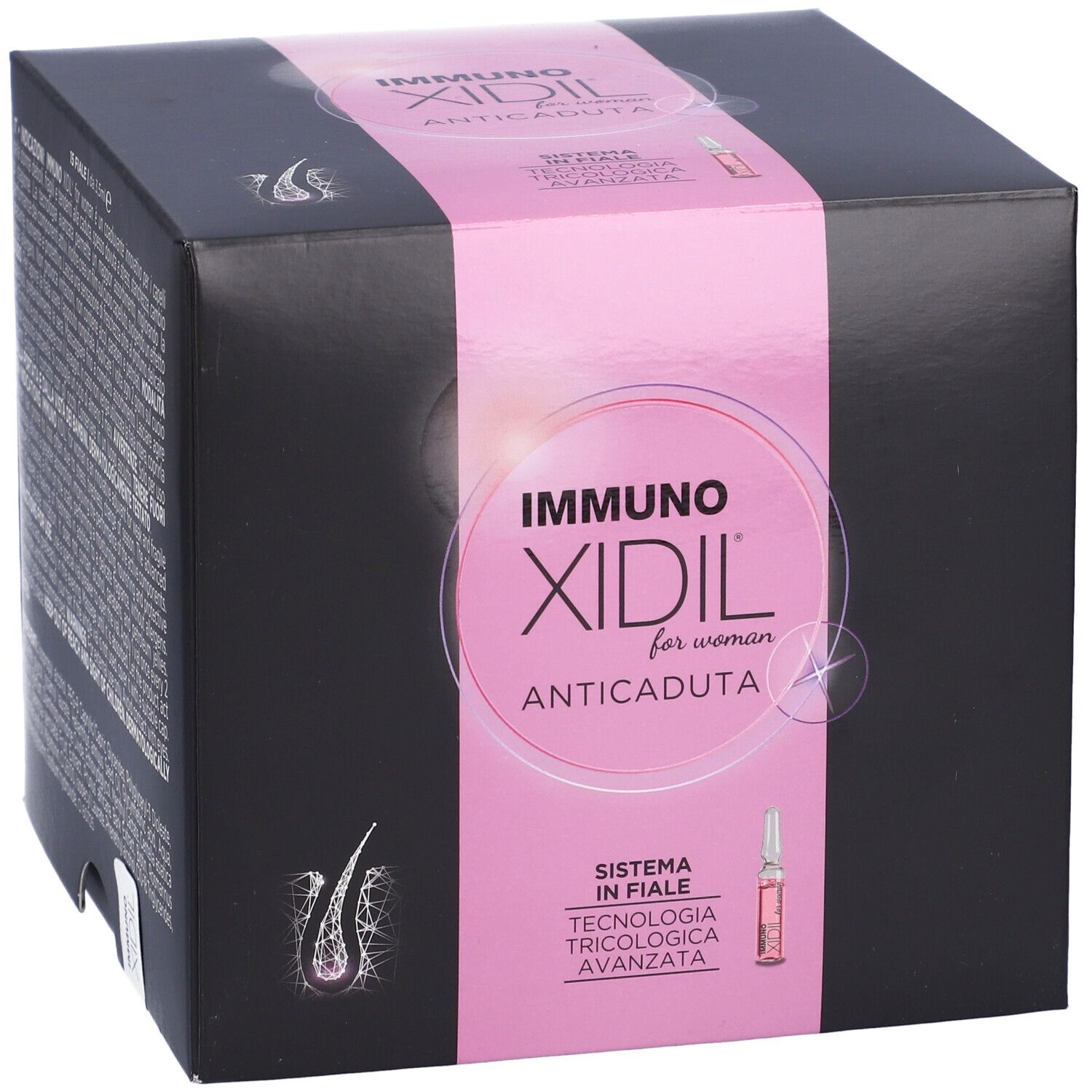 Scatola nera con fascia rosa. Scritta: IMMUNO XIDIL for woman ANTICADUTA. Testo e una fiala.