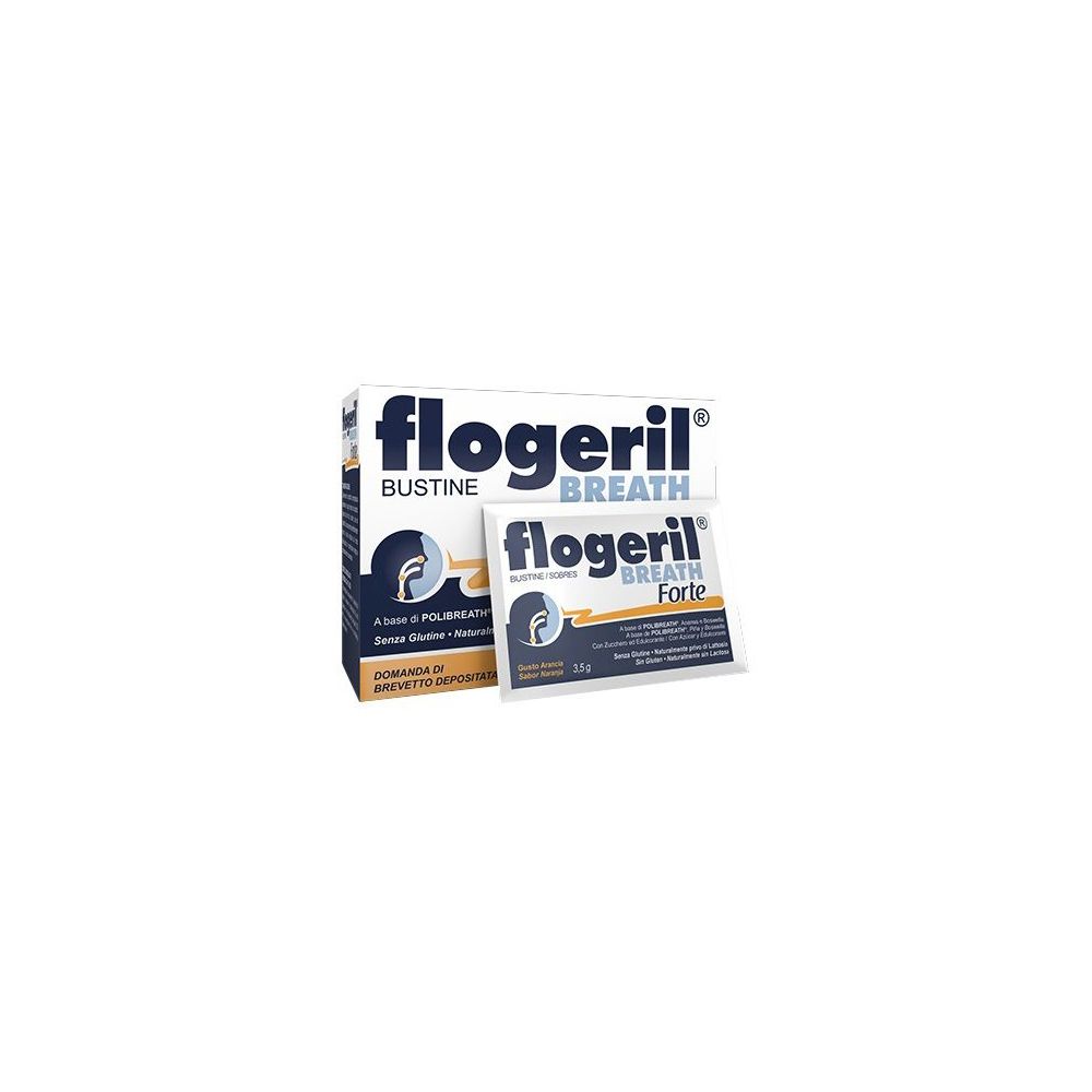 Confezione e bustina con stampa del prodotto. Scritta: Flogeril Breath Forte. Bustina singola accanto.