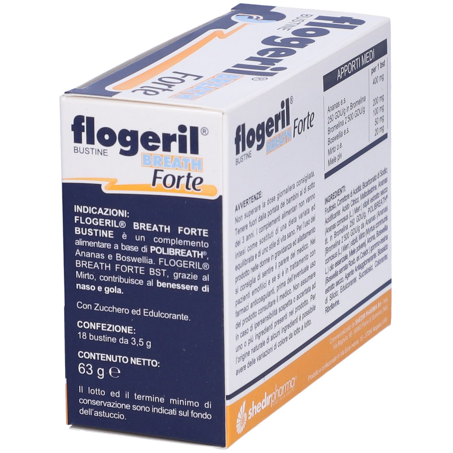 Confezione del prodotto. Scritta: Flogeril Breath Forte. Contiene informazioni su ingredienti e valori nutrizionali.