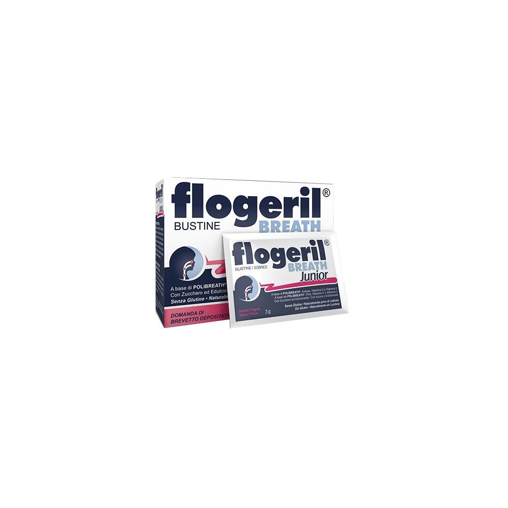 Confezione e bustina Flogeril Breath Junior. Scritta: Flogeril Breath Junior, Bustine.