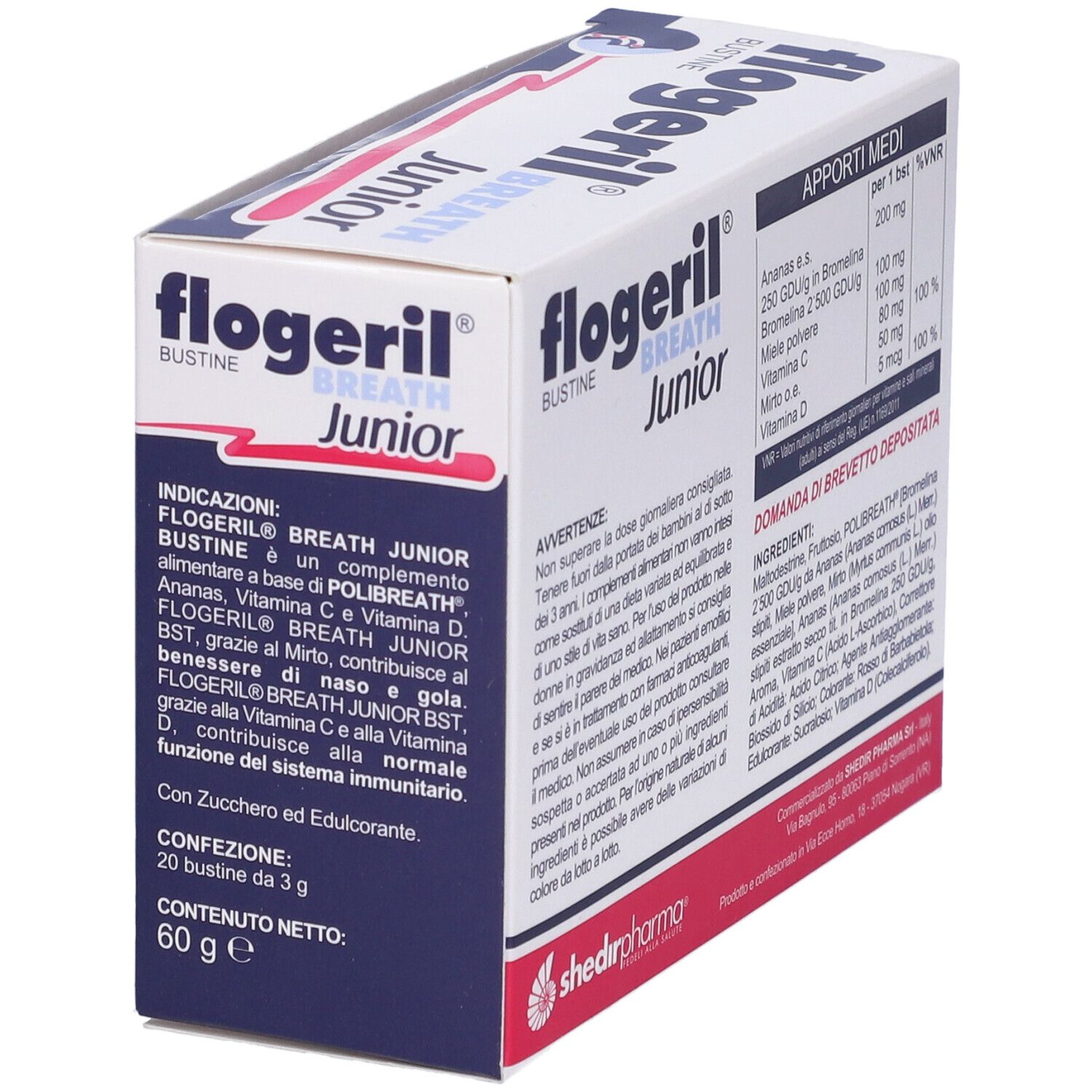 Scatola Flogeril Breath Junior. Scritta: Flogeril Breath Junior, Bustine. Informazioni e ingredienti.