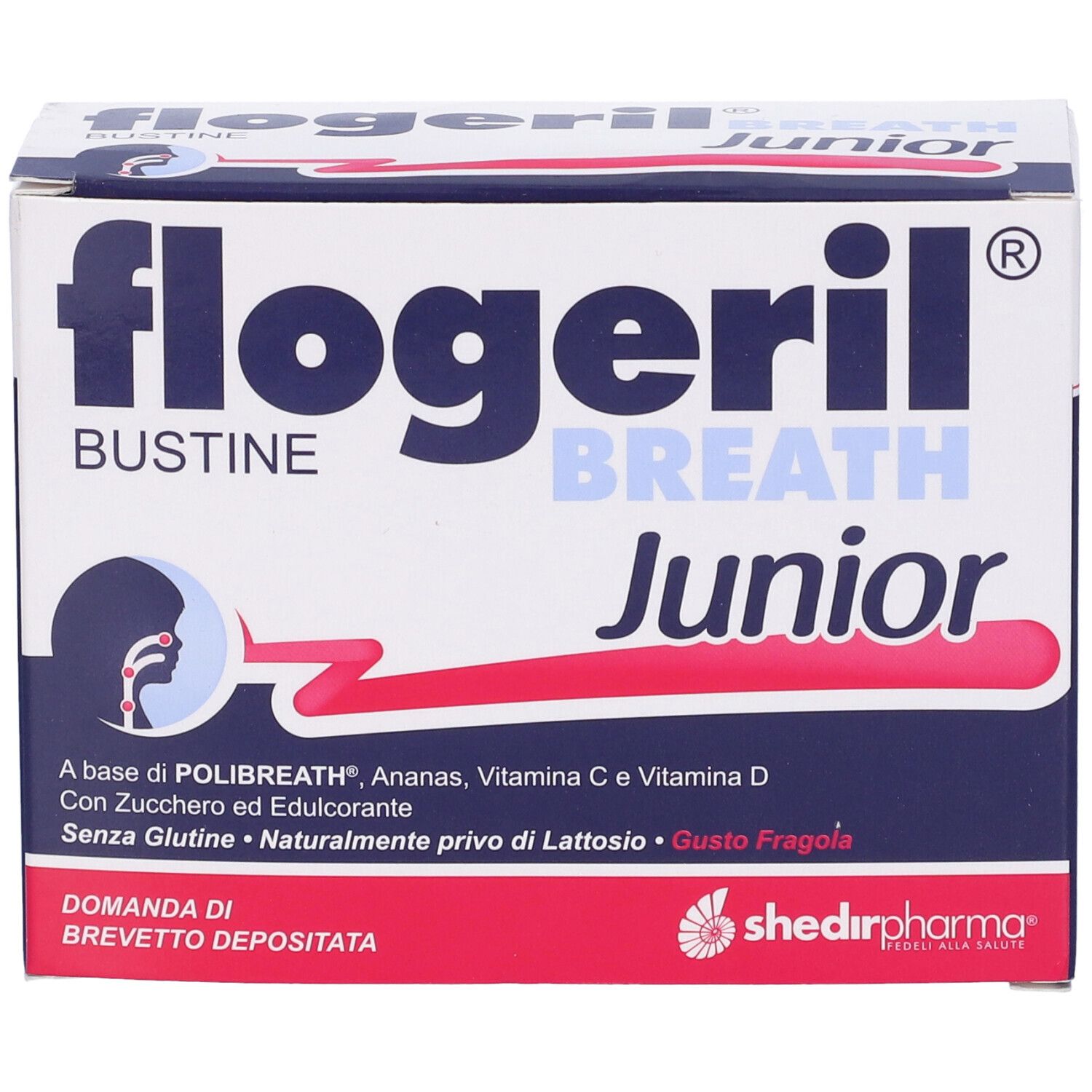 Scatola Flogeril Breath Junior. Scritta: Flogeril Breath Junior, Bustine. Ingredienti e informazioni.