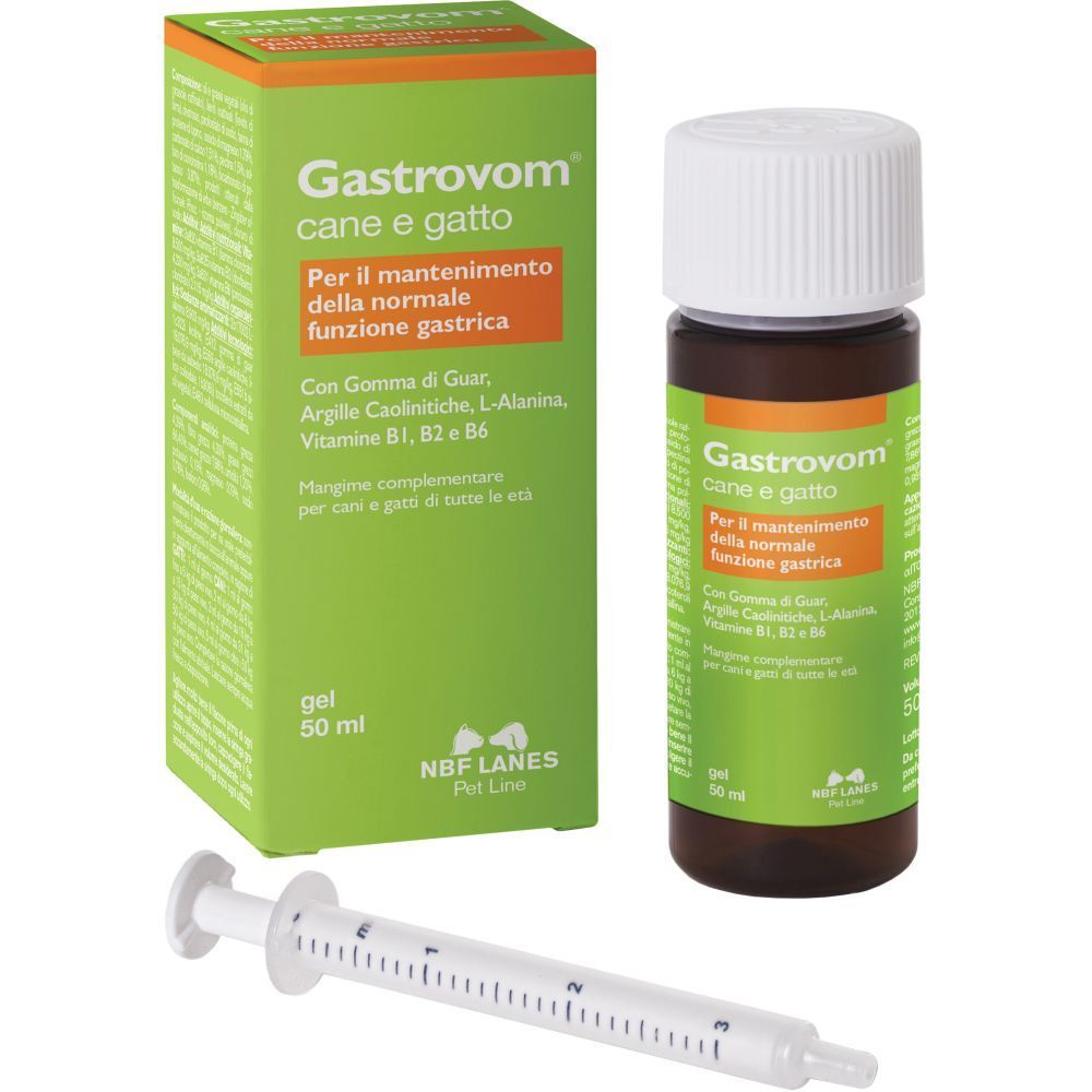 Flacone marrone e scatola verde. Scritto: Gastrovom cane e gatto. Con siringa.