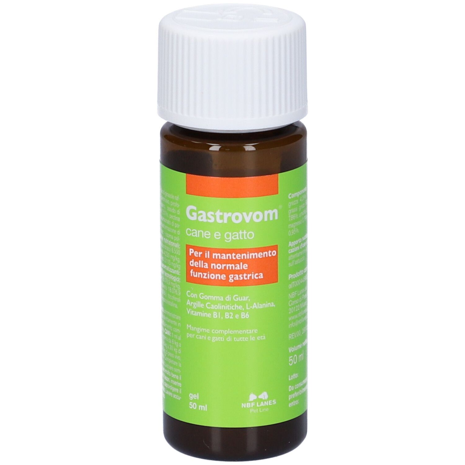 Flacone marrone con tappo bianco. Scritto: Gastrovom cane e gatto. Etichetta verde.