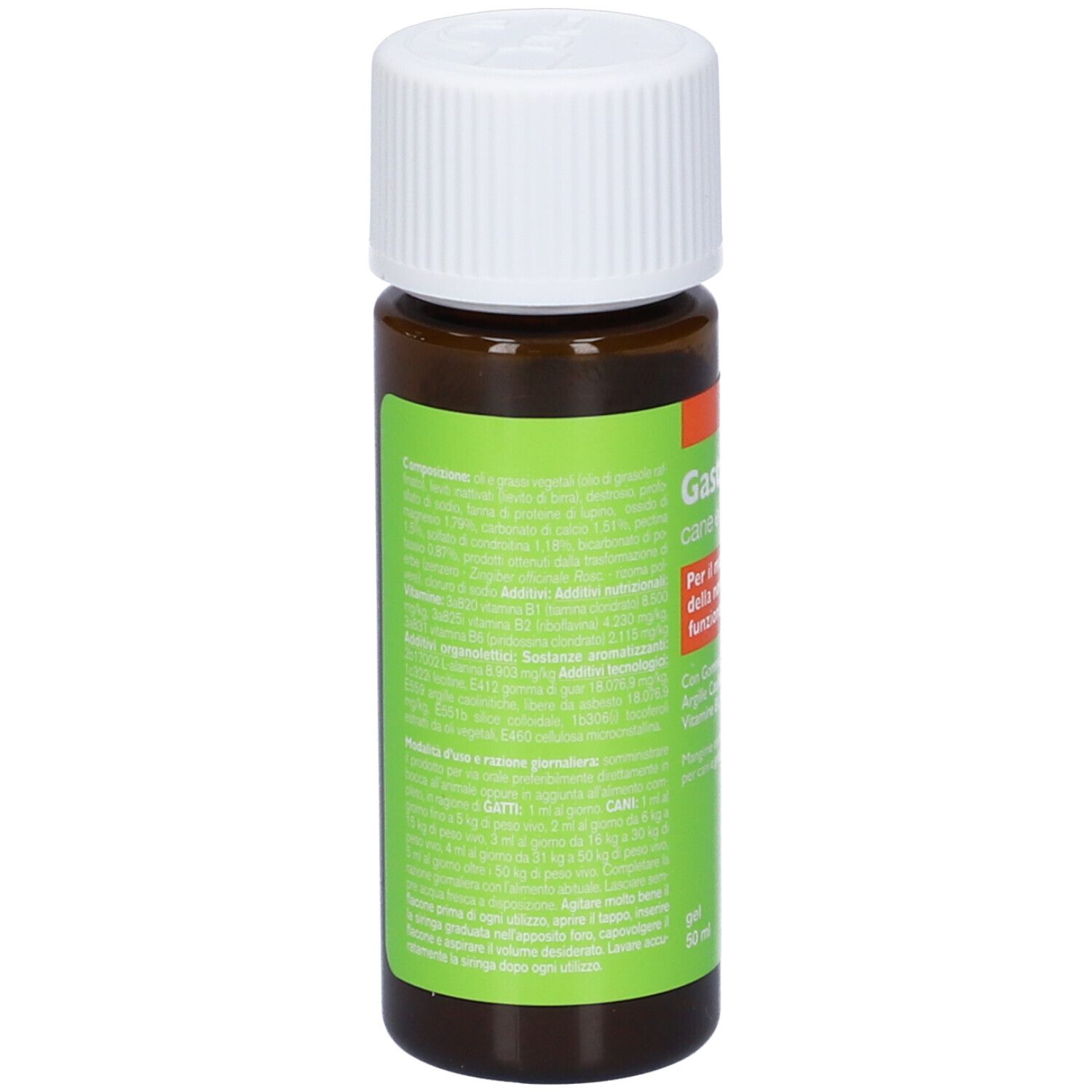 Flacone marrone con tappo bianco. Scritto: Gastrovom cane e gatto. Etichetta verde.
