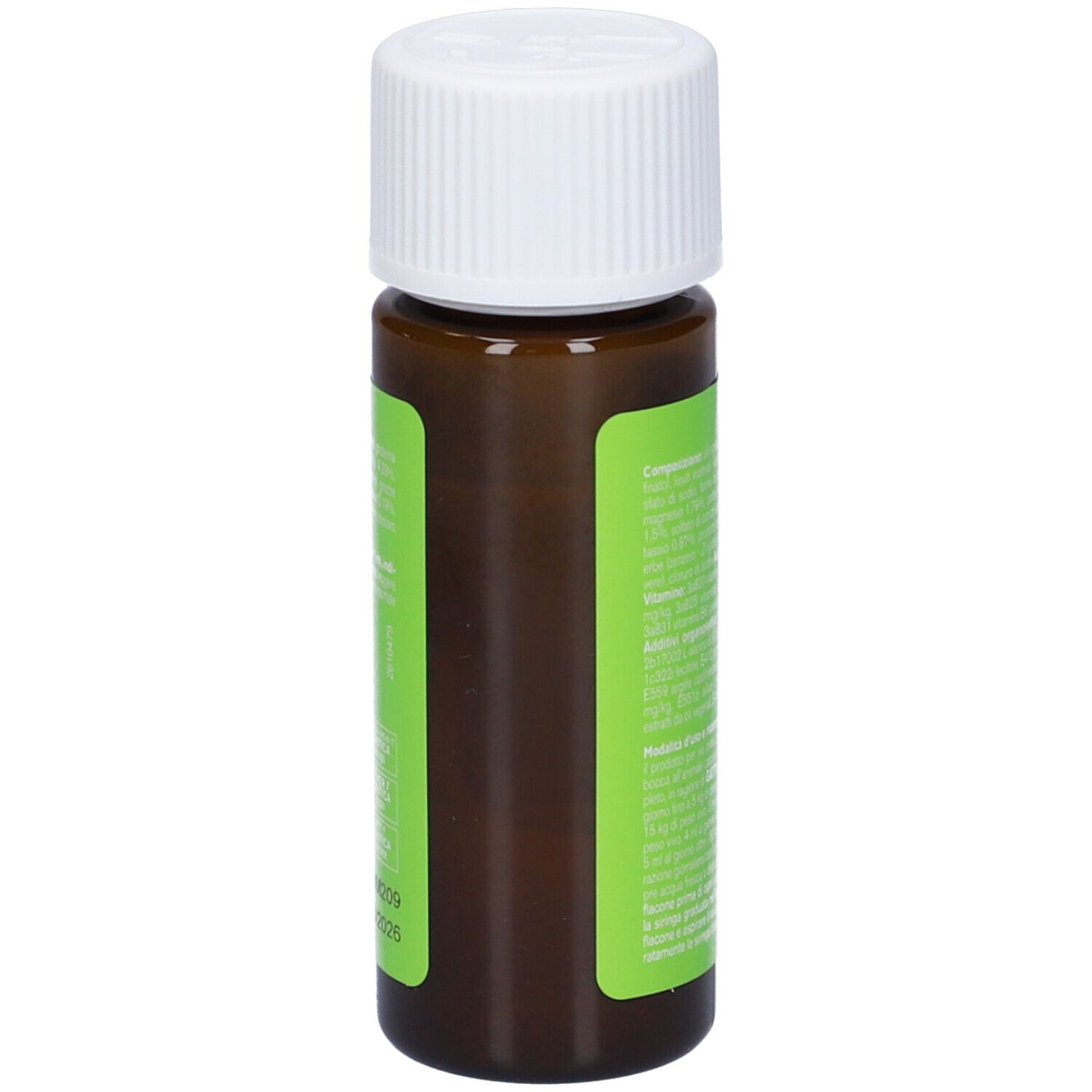 Flacone marrone con tappo bianco. Scritto: Gastrovom cane e gatto. Etichetta verde.