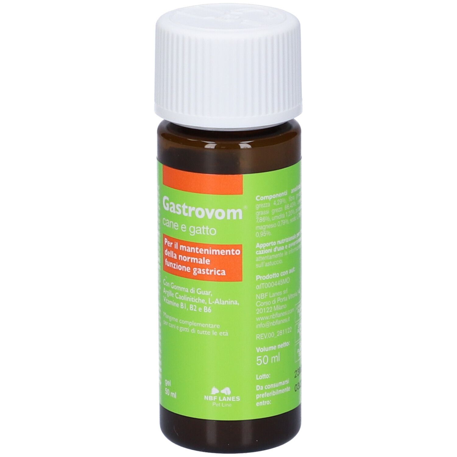 Flacone marrone con tappo bianco. Scritto: Gastrovom cane e gatto. Etichetta verde.