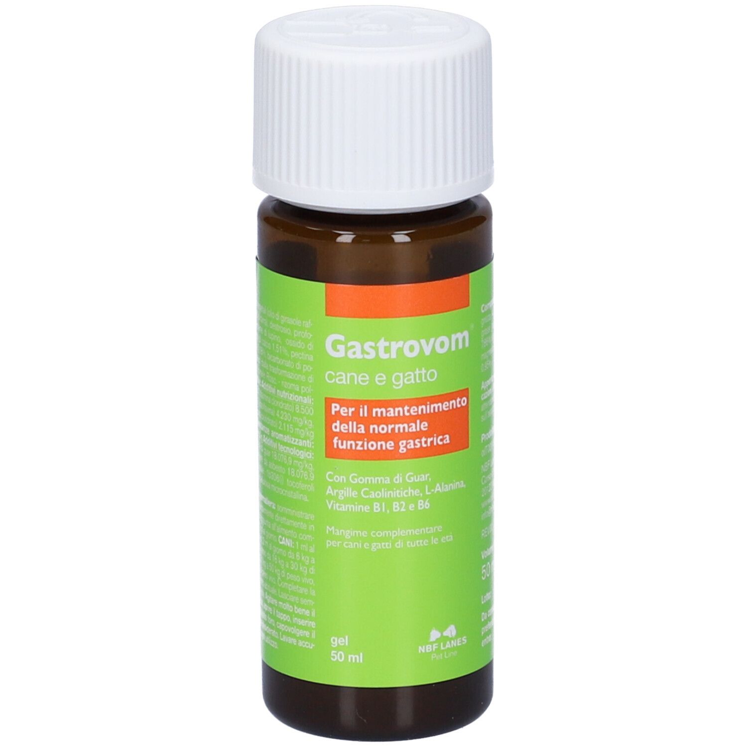 Flacone marrone con tappo bianco. Scritto: Gastrovom cane e gatto. Etichetta verde.