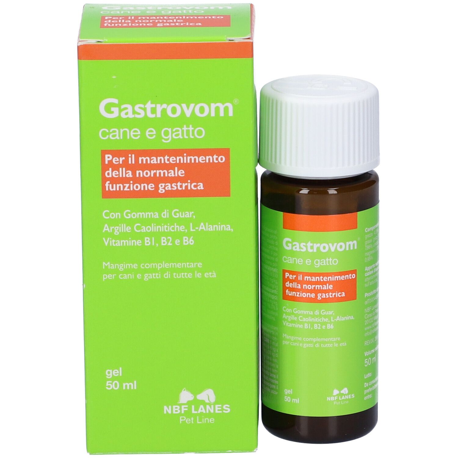 Scatola verde e flacone marrone. Scritto: Gastrovom cane e gatto. Tappo bianco.