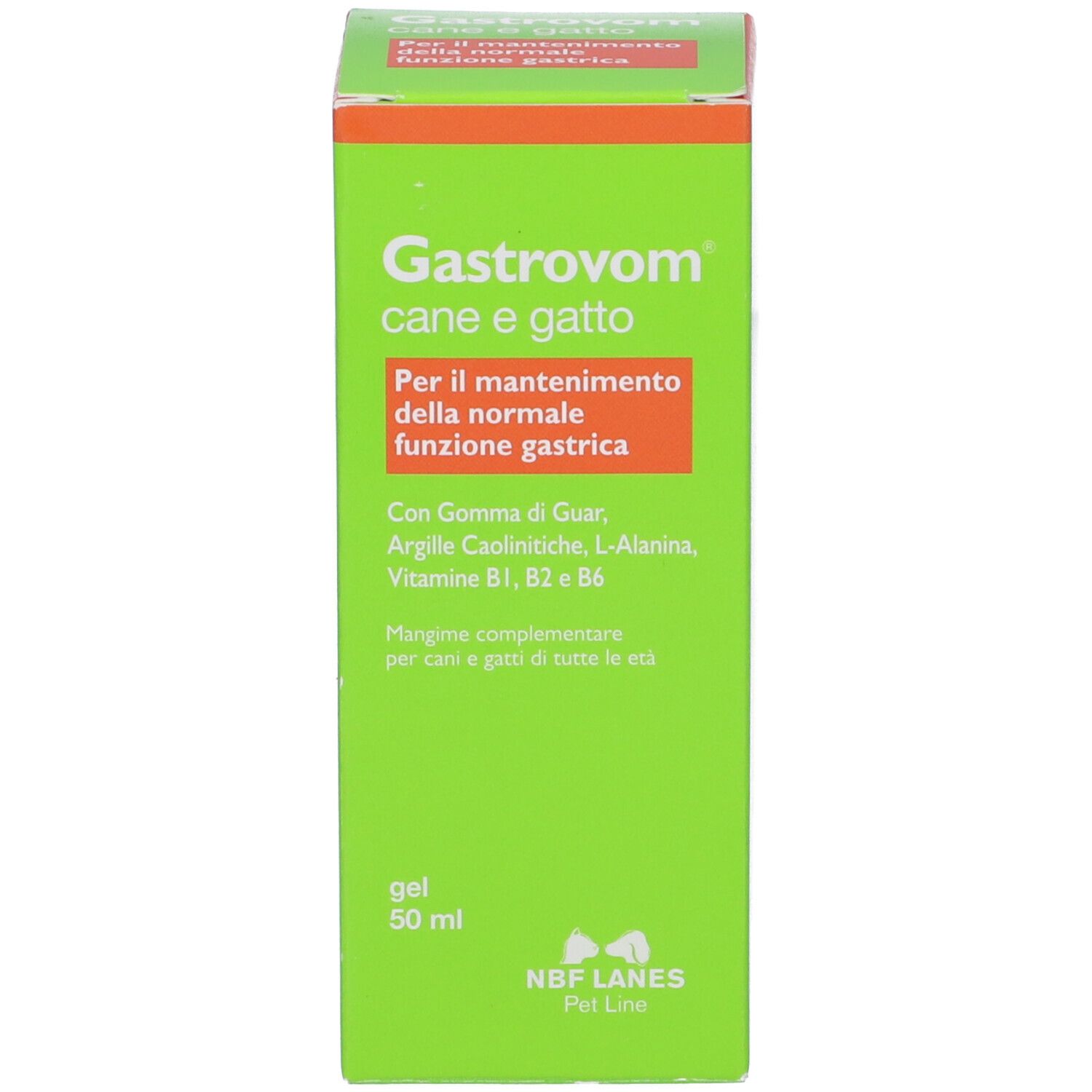 Scatola verde. Scritto: Gastrovom cane e gatto. Scritta rossa.