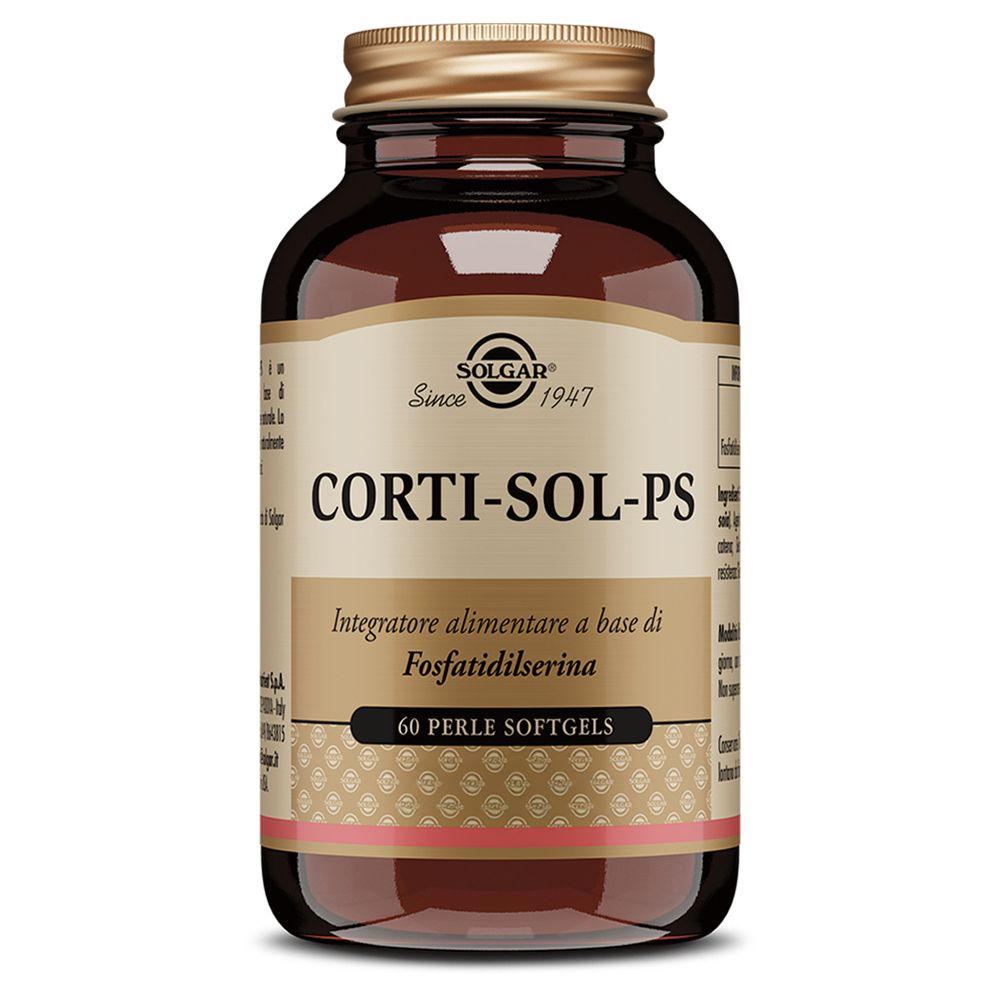 Bottiglia di vetro marrone con tappo dorato. Etichetta con nome Corti-Sol-PS e 60 Perle Softgels. Marchio Solgar.