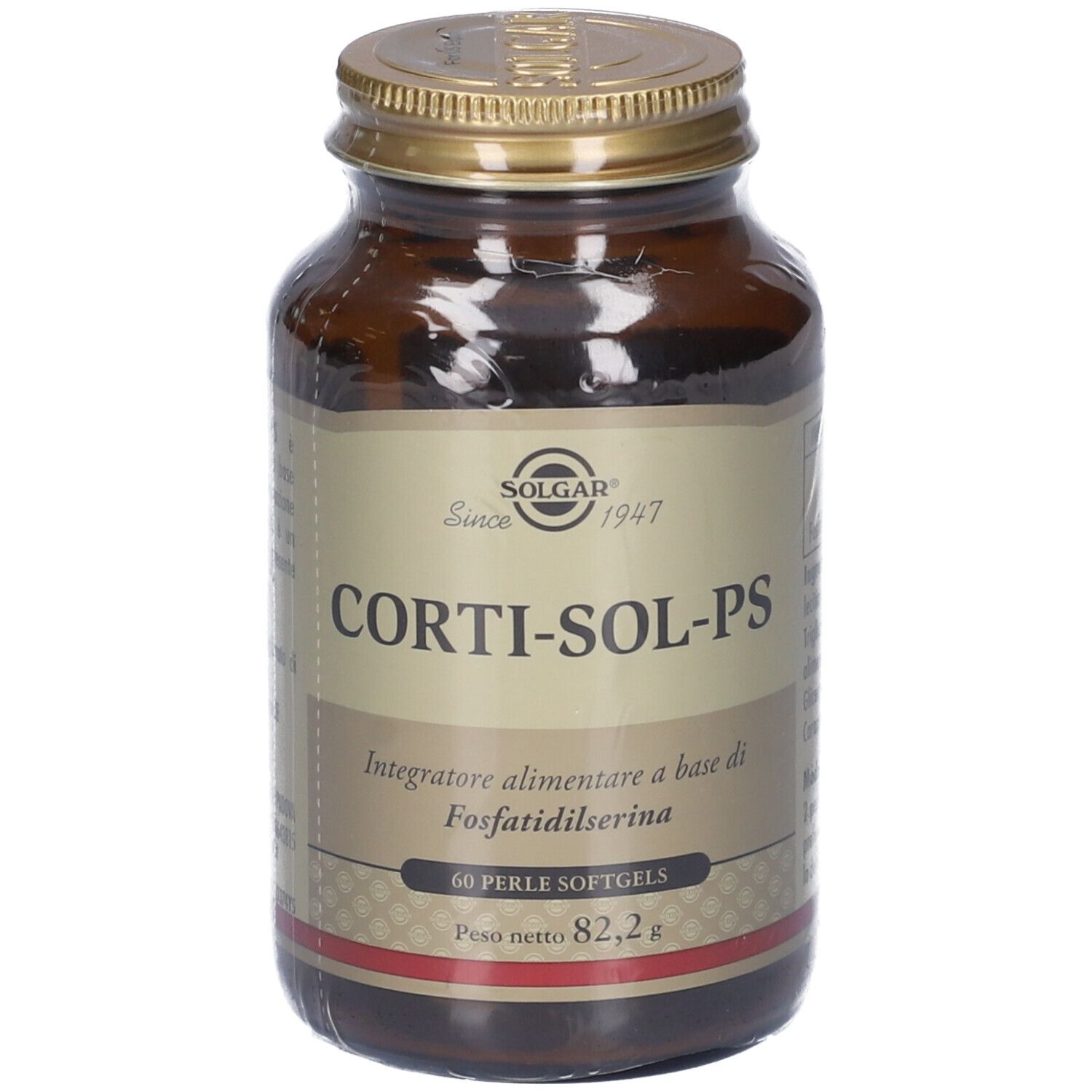 Bottiglia di vetro marrone con tappo dorato. Etichetta con nome Corti-Sol-PS e 60 Perle Softgels. Marchio Solgar.