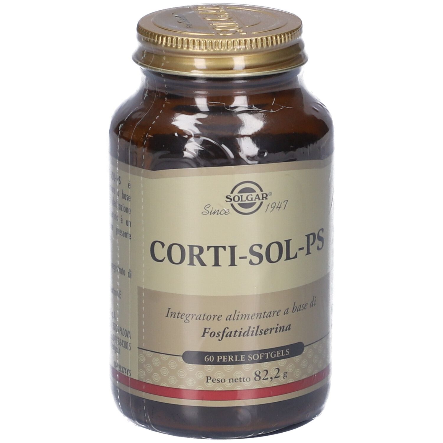Bottiglia di vetro marrone con tappo dorato. Etichetta con nome Corti-Sol-PS e 60 Perle Softgels. Marchio Solgar.
